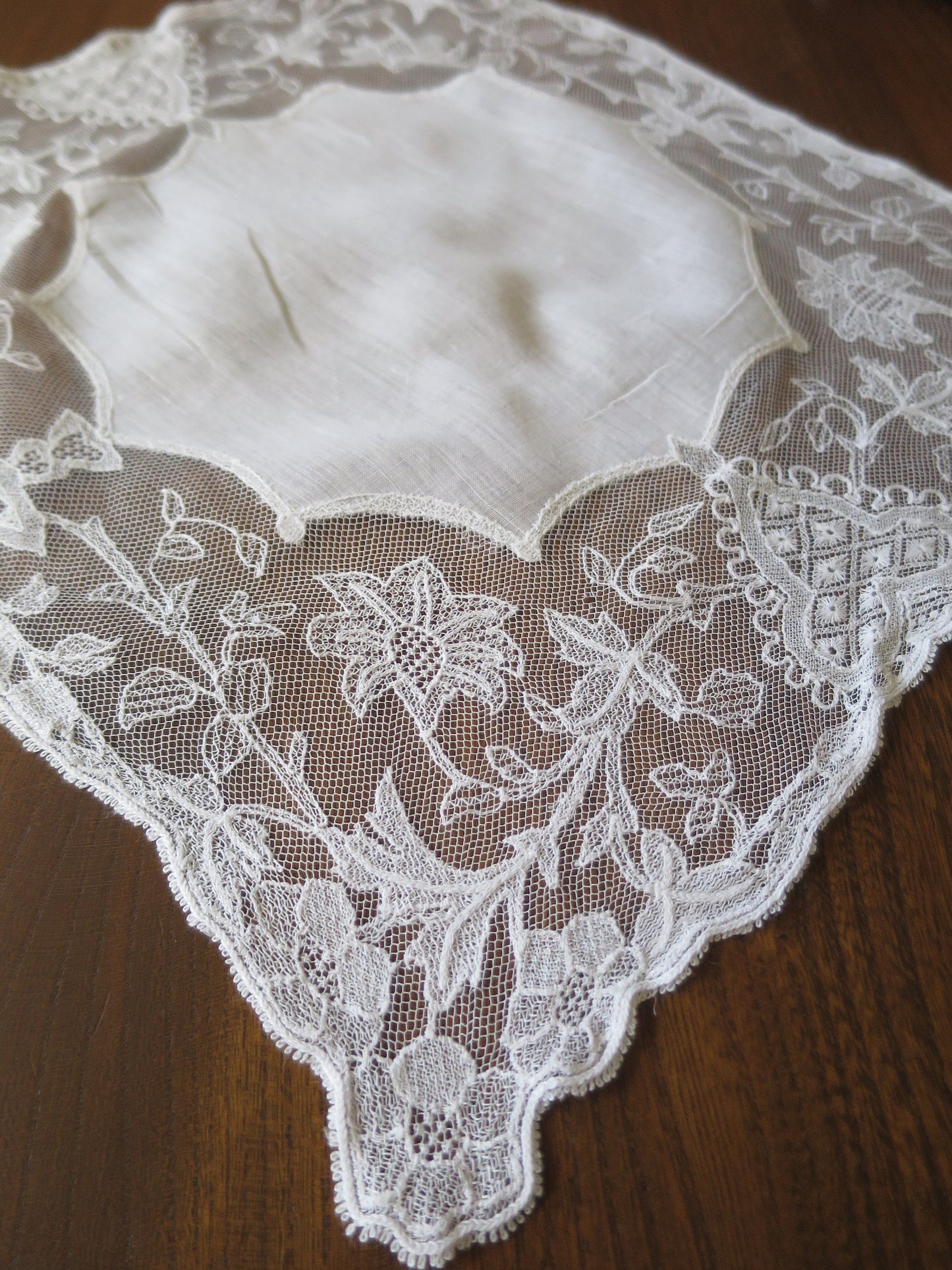 Pretty Antique Wedding Handkerchief- Floral Limerick Embroidered Net