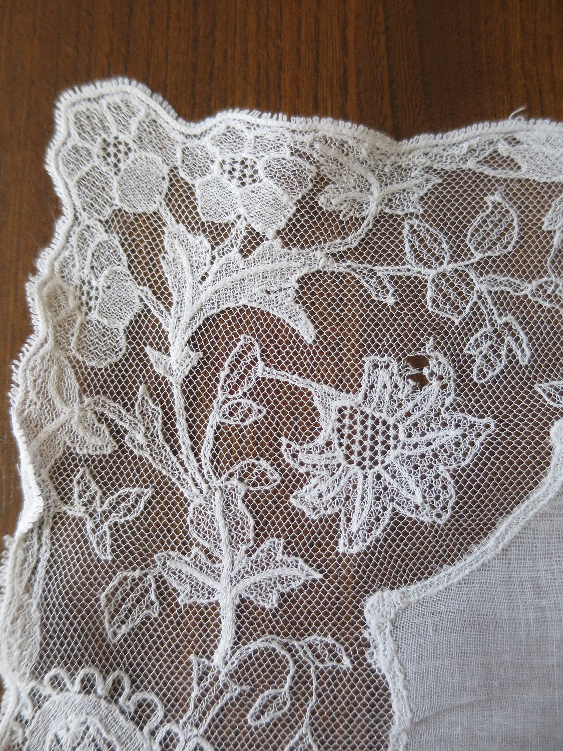 Pretty Antique Wedding Handkerchief- Floral Limerick Embroidered Net