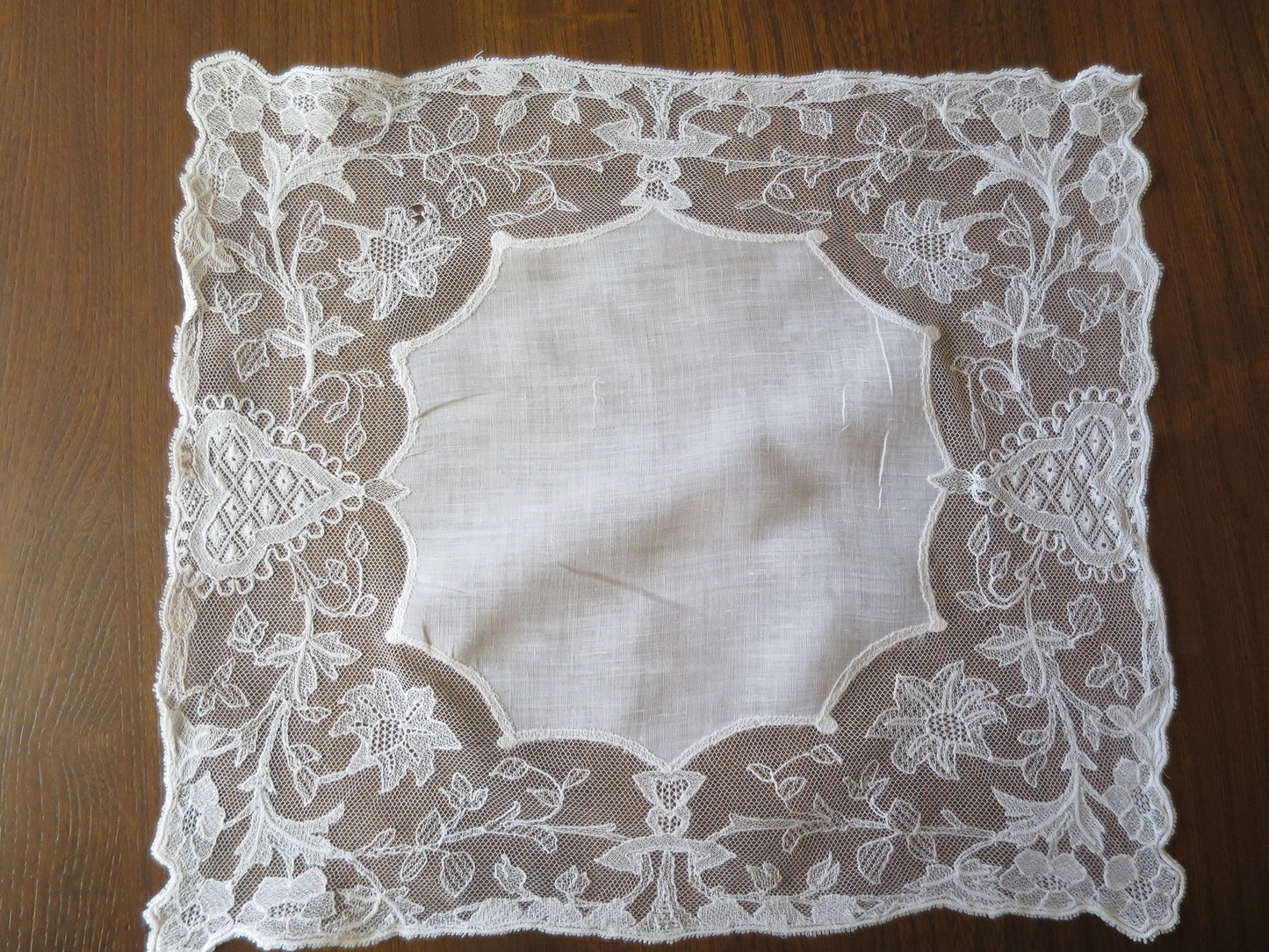 Pretty Antique Wedding Handkerchief- Floral Limerick Embroidered Net