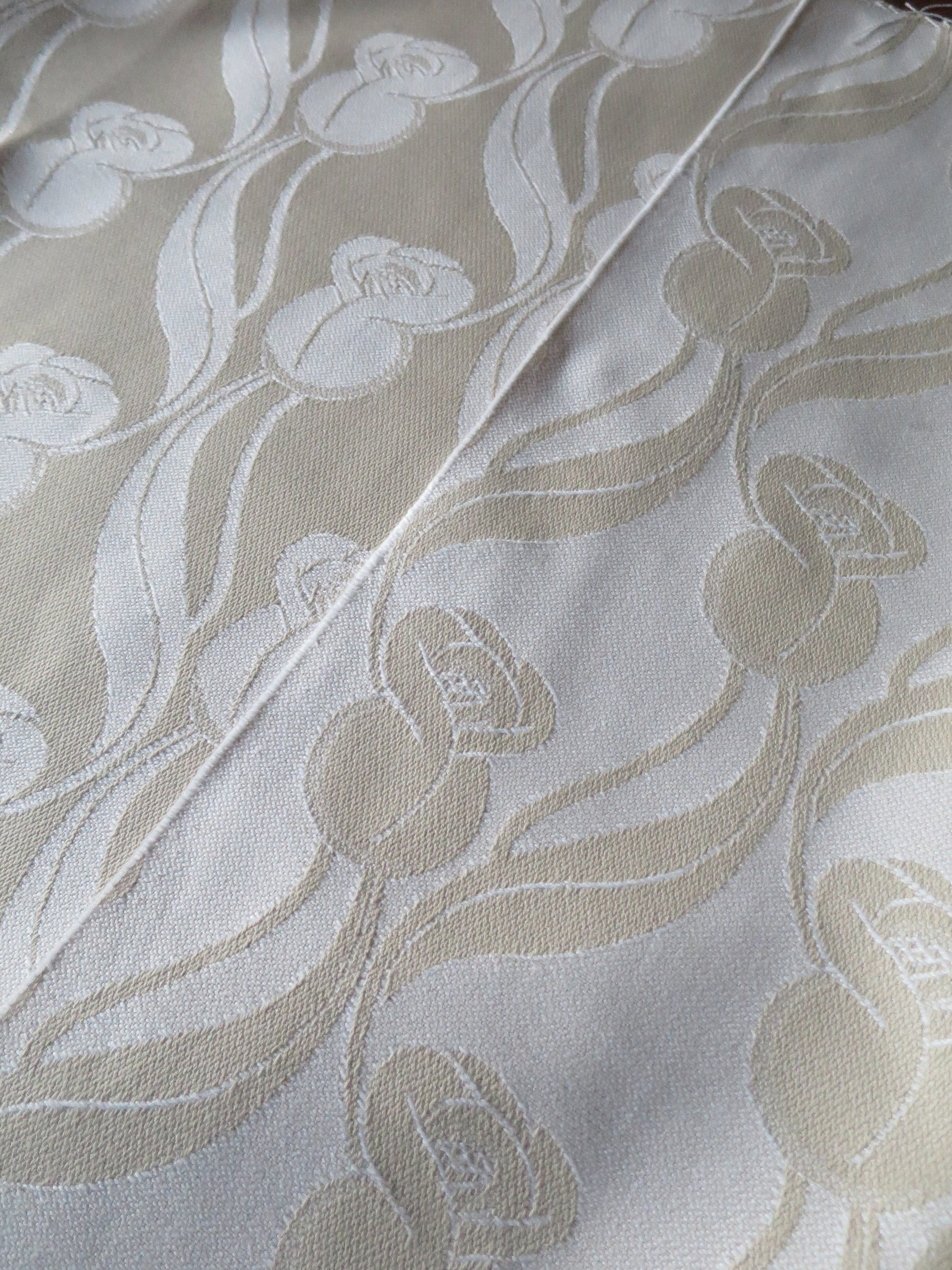 Handwoven Scottish Damask- Margaret Macdonald Mackintosh Roses- White & Sand- By the Meter- Home Furnishings- Upholstery