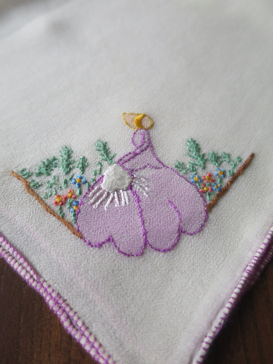 Vintage 1930's Silk Crepe Handkerchief- Hand Embroidered Crinoline Lady