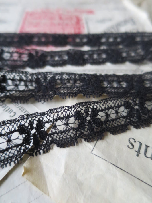 Black English Nottingham Lace- Floral & Openwork Point Lace- 1.7 cm