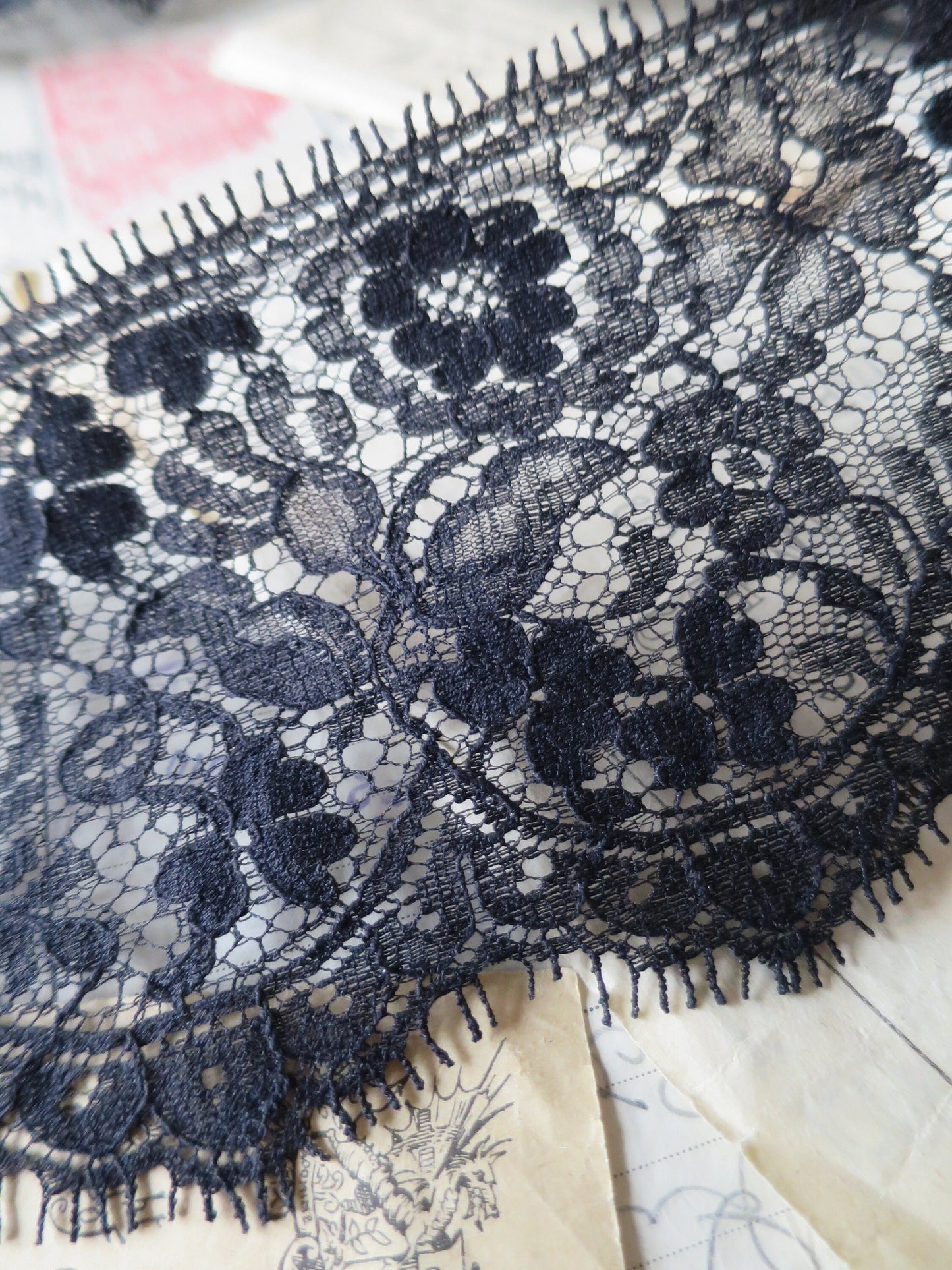 Black English Nottingham Lace- Floral Eyelash - 9.8 cm