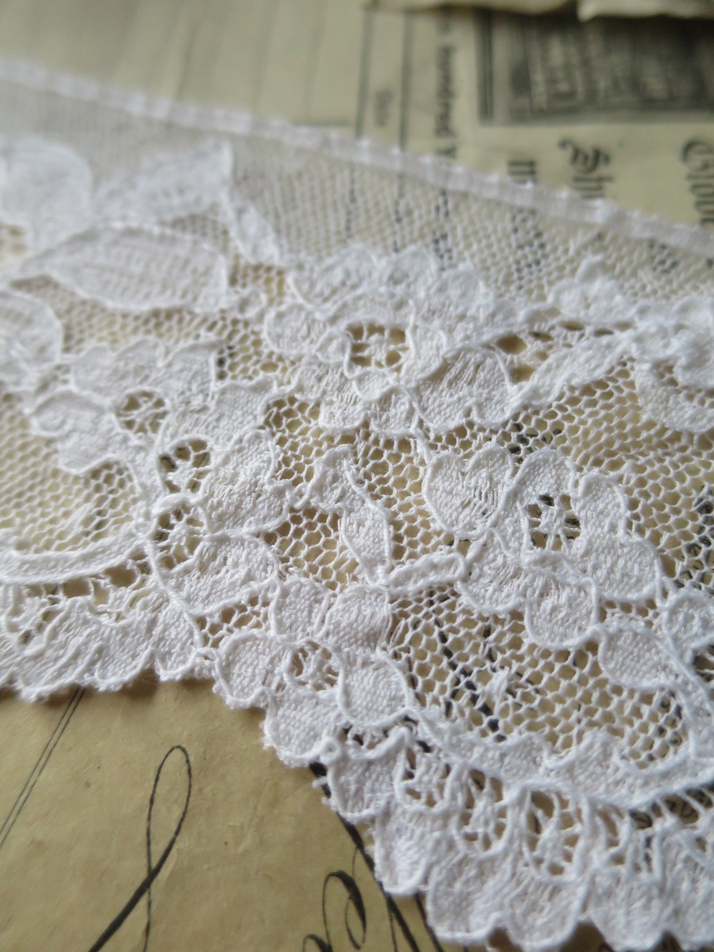 White English Nottingham Lace- Chantilly Swags & Flowers 7.5 cm