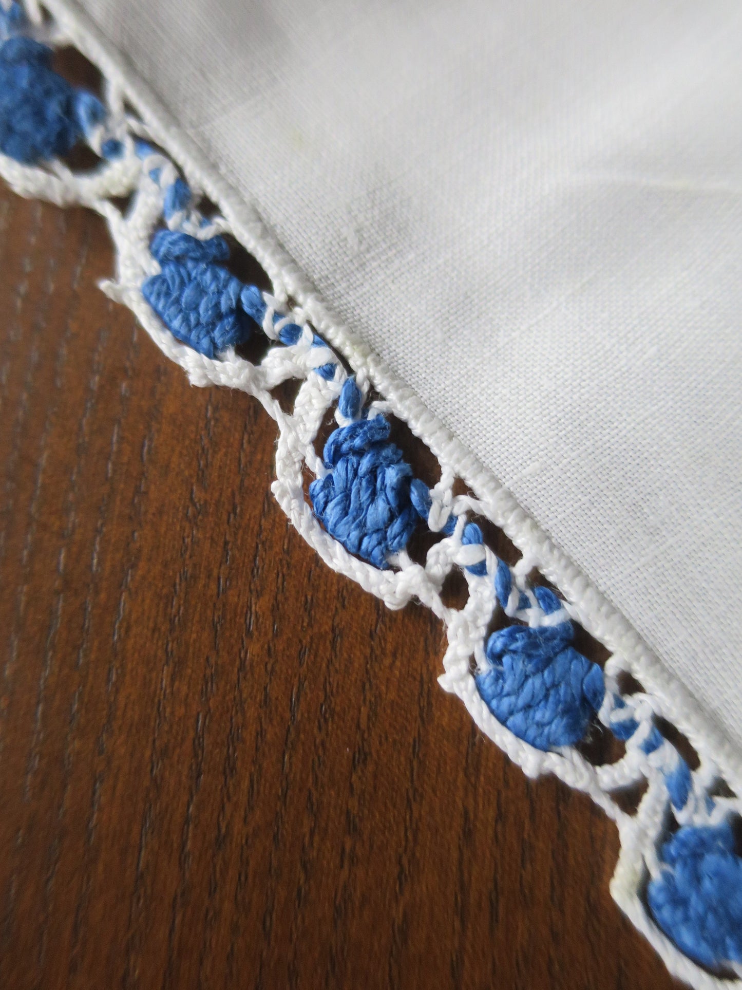 Antique Irish Linen Table Cloth- Blue Yellow and White Hand Worked Bobbin Lace