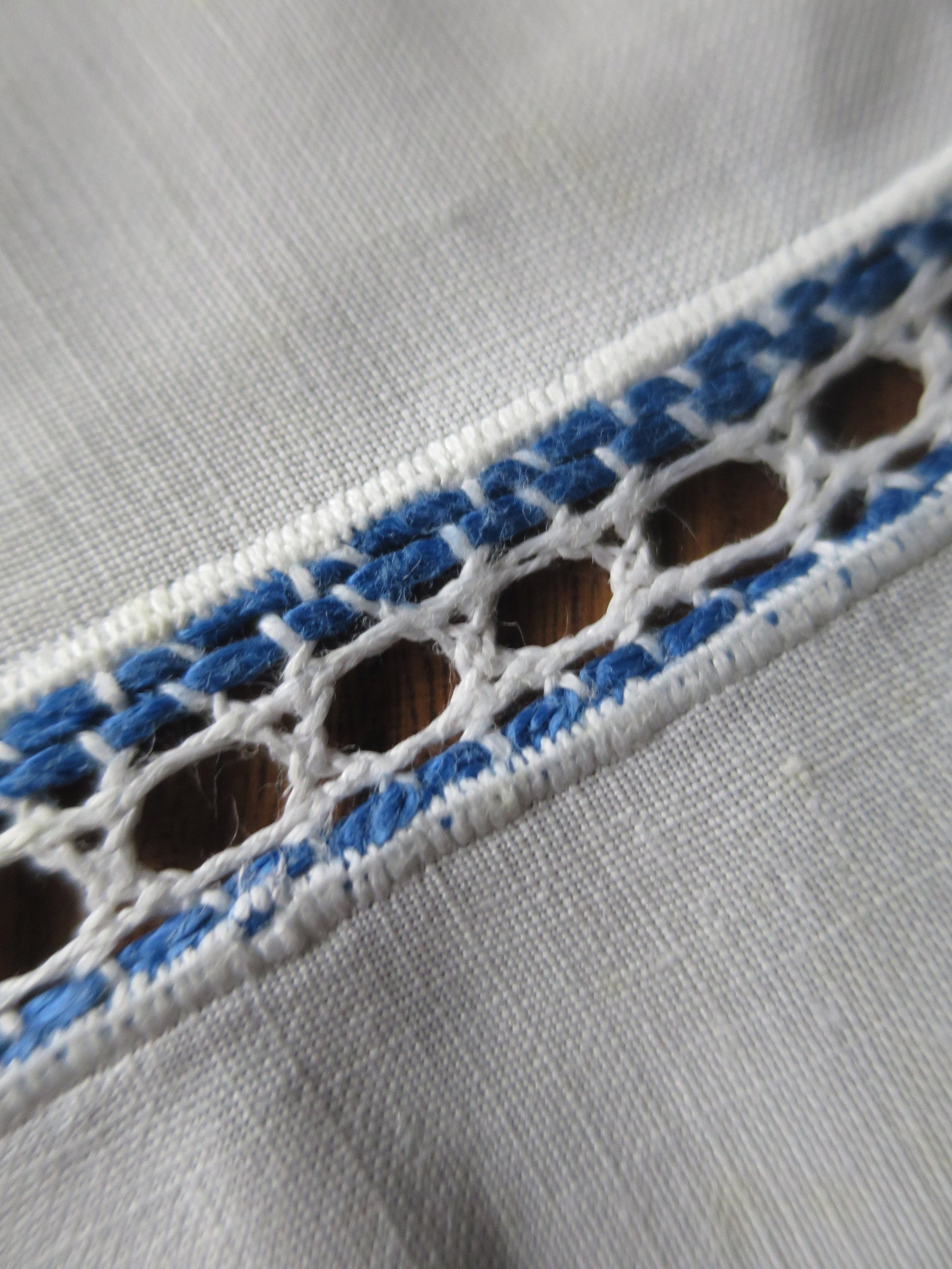 Antique Irish Linen Table Cloth- Blue Yellow and White Hand Worked Bobbin Lace