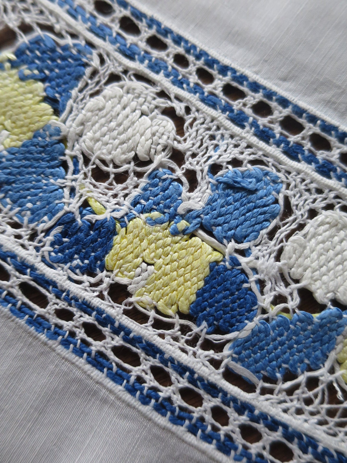 Antique Irish Linen Table Cloth- Blue Yellow and White Hand Worked Bobbin Lace