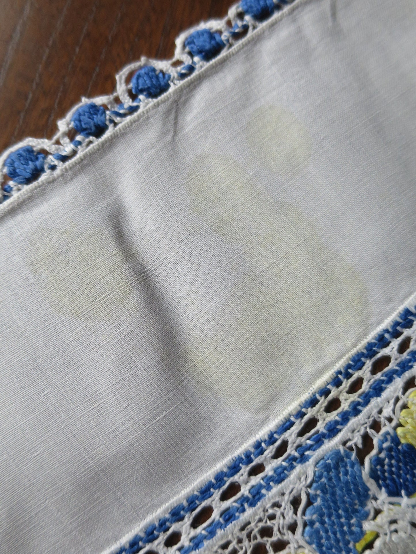 Antique Irish Linen Table Cloth- Blue Yellow and White Hand Worked Bobbin Lace