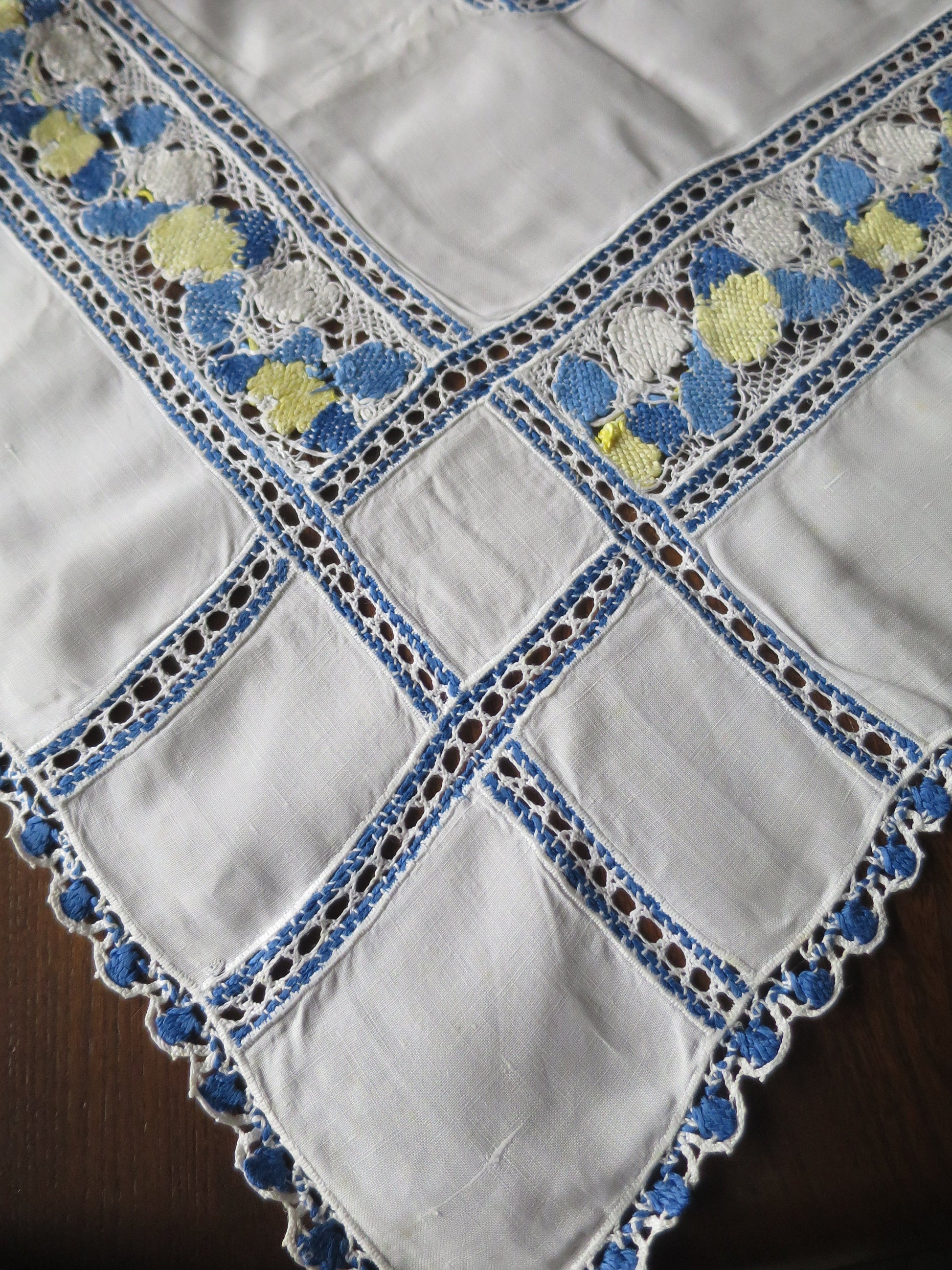 Antique Irish Linen Table Cloth- Blue Yellow and White Hand Worked Bobbin Lace