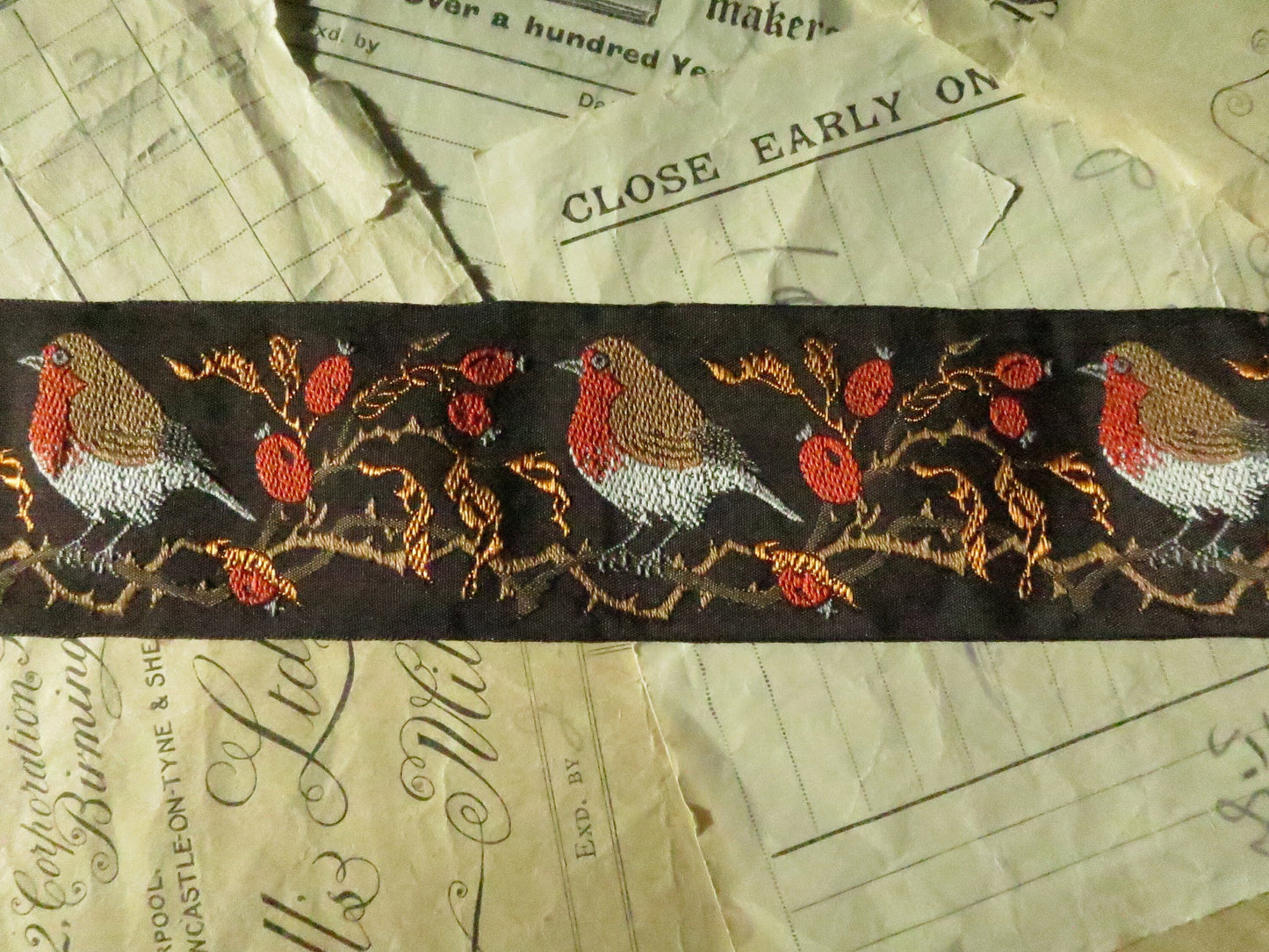 Robins & Rose Hips 40 mm Jacquard Woven Ribbon- Black