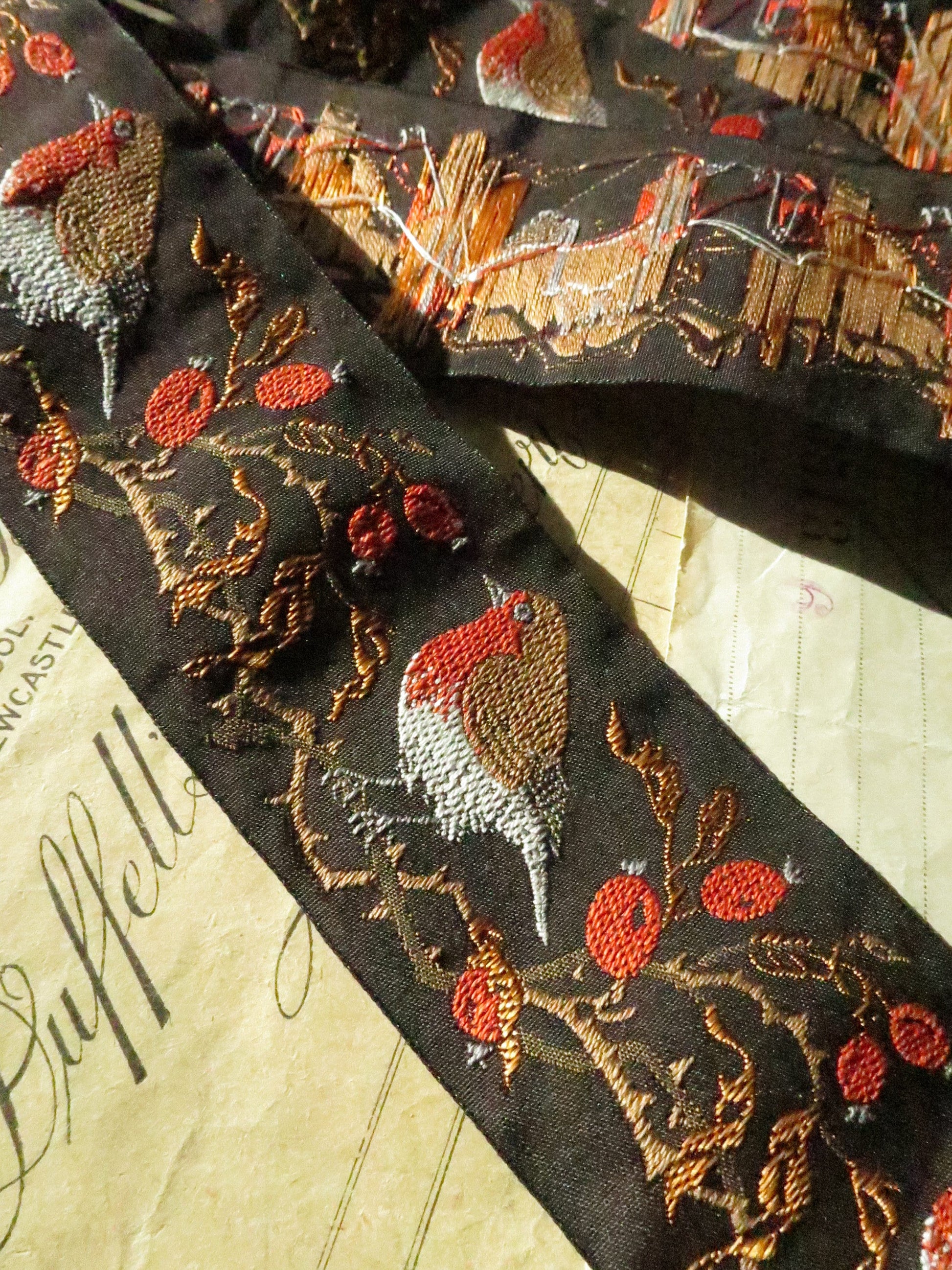 Robins & Rose Hips 40 mm Jacquard Woven Ribbon- Black