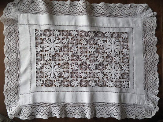 Antique Irish Linen Table Topper- Intricate Drawn Thread Work & Bobbin Lace