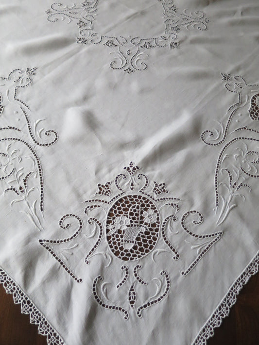 Antique Irish Linen Table Cloth- Whitework Hand Embroidery & Needle Lace