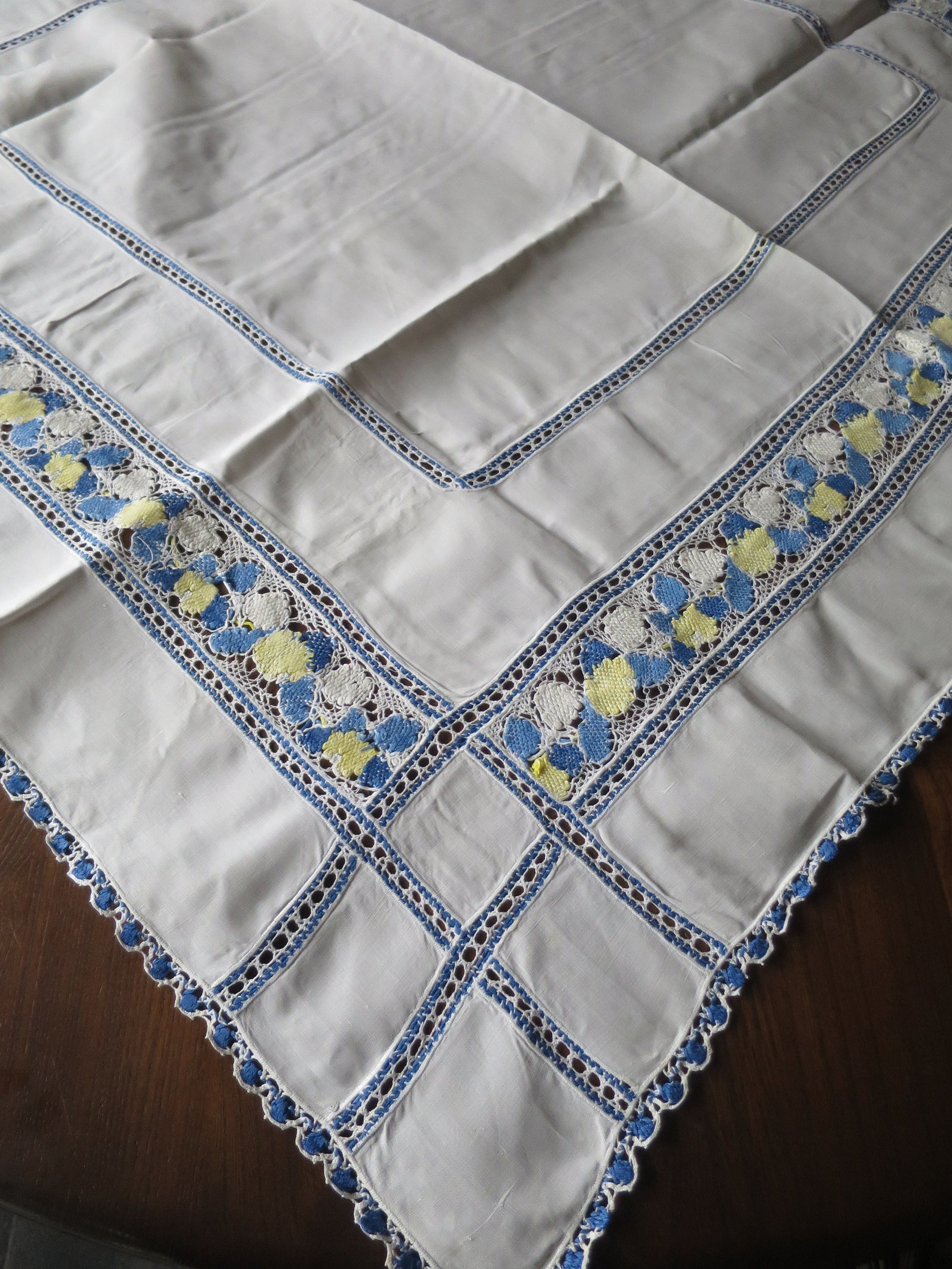 Antique Irish Linen Table Cloth- Blue Yellow and White Hand Worked Bobbin Lace