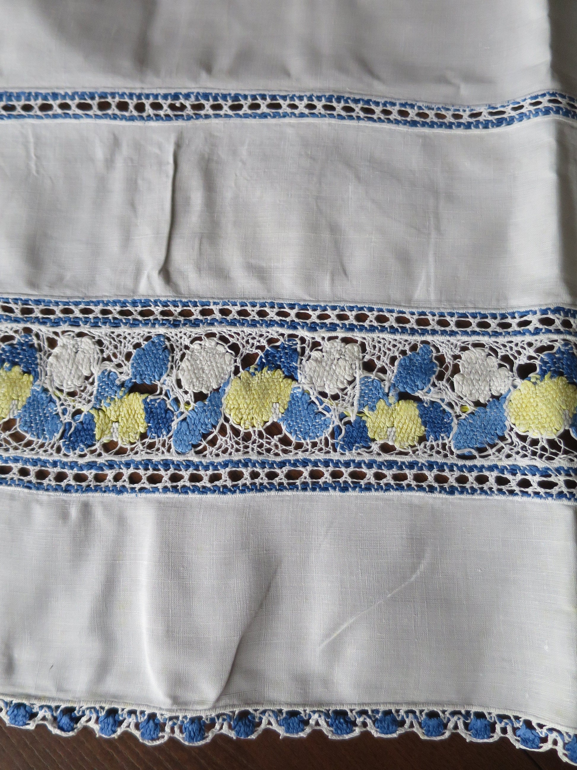 Antique Irish Linen Table Cloth- Blue Yellow and White Hand Worked Bobbin Lace