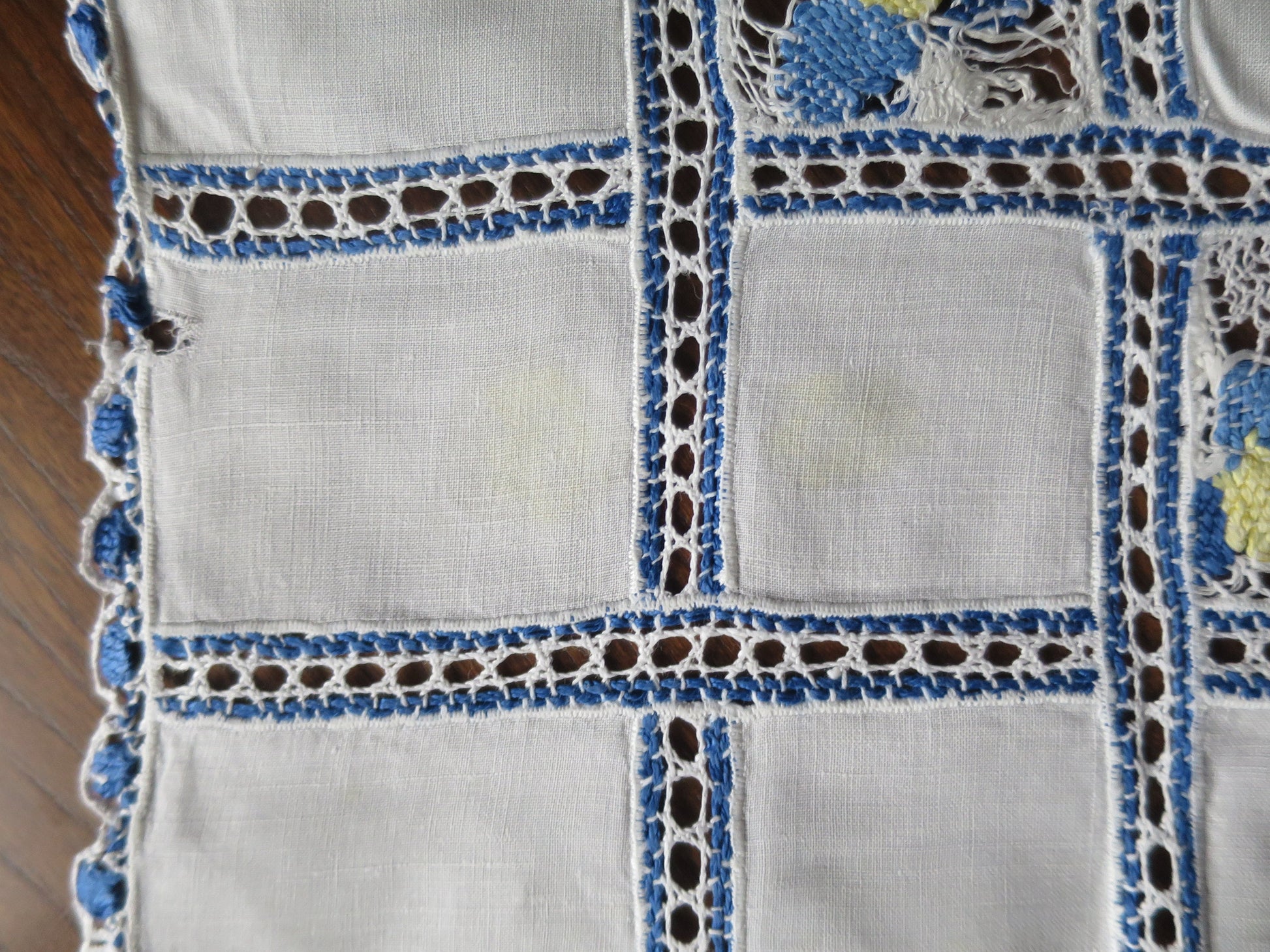 Antique Irish Linen Table Cloth- Blue Yellow and White Hand Worked Bobbin Lace