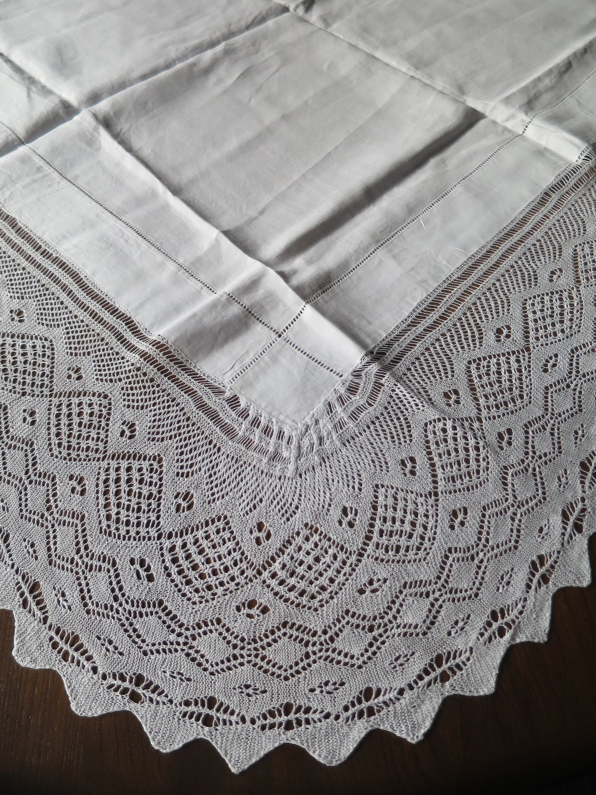 Antique Irish Linen Table Cloth- Hand Knitted Lace Edging