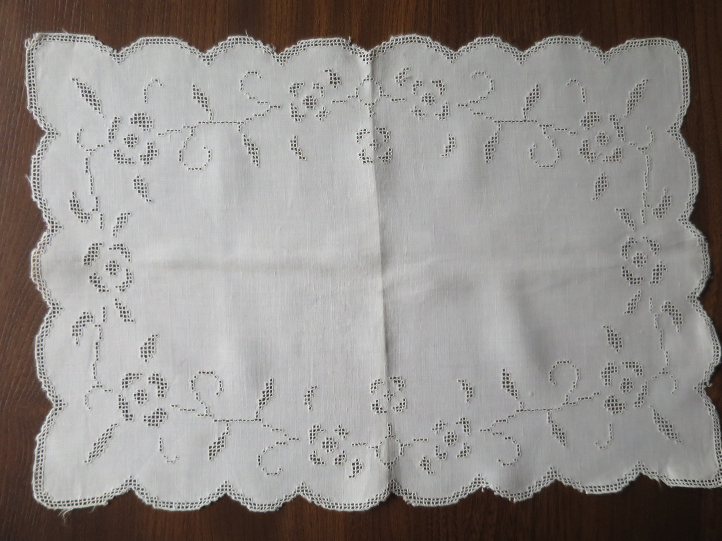 Art Deco Tray Cloth- Pulled Thread Hand Embroidered Roses