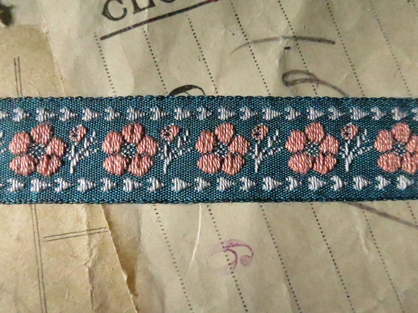 Wood Anemone 15 mm White Jacquard Woven Ribbon- Teal & Pink