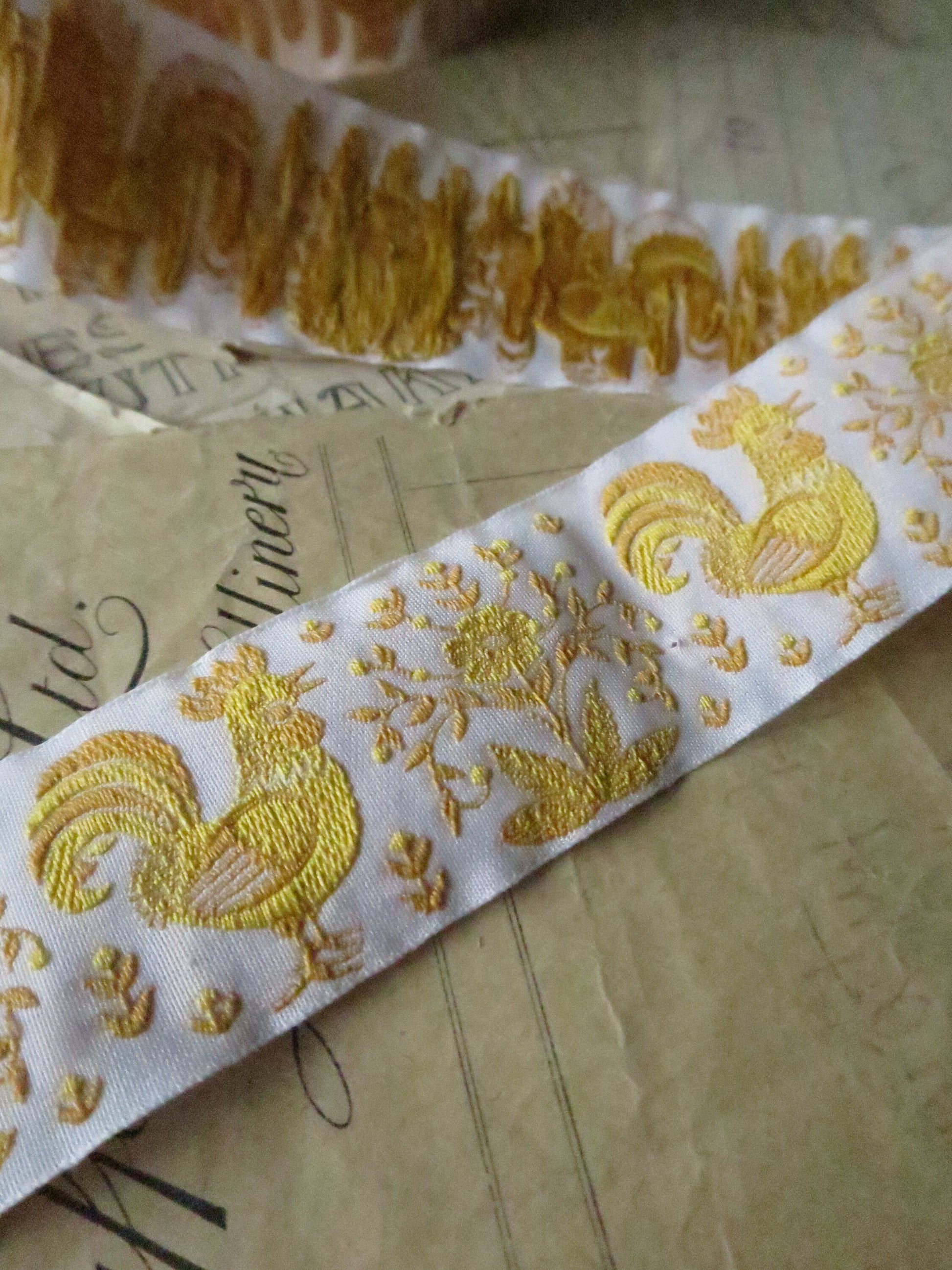 Cockerels- 32 mm Jacquard Woven Ribbon- Yellow