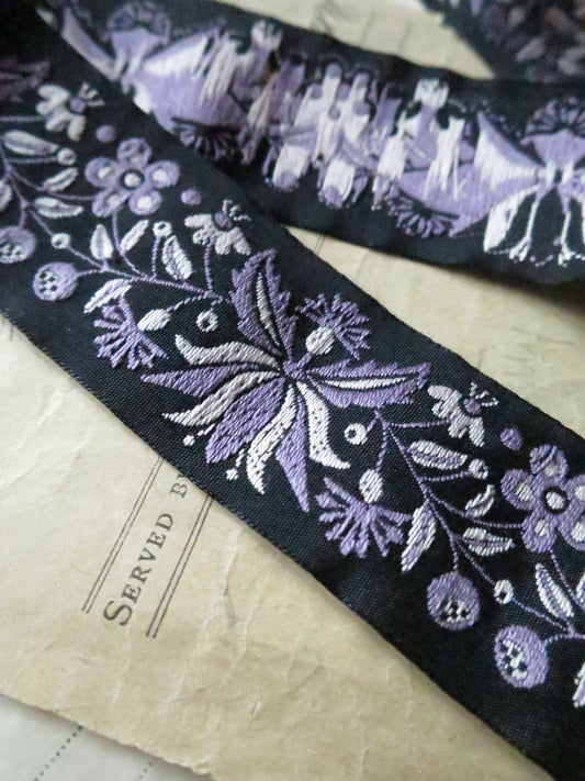 Frida flowers 32 mm Jacquard Woven Ribbon- Black & Violet