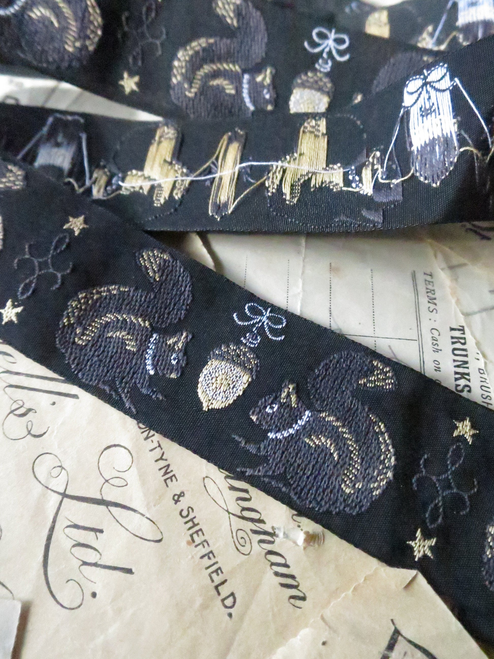 Squirrels & Silver Acorns- 32 mm Jacquard Woven Ribbon- Black