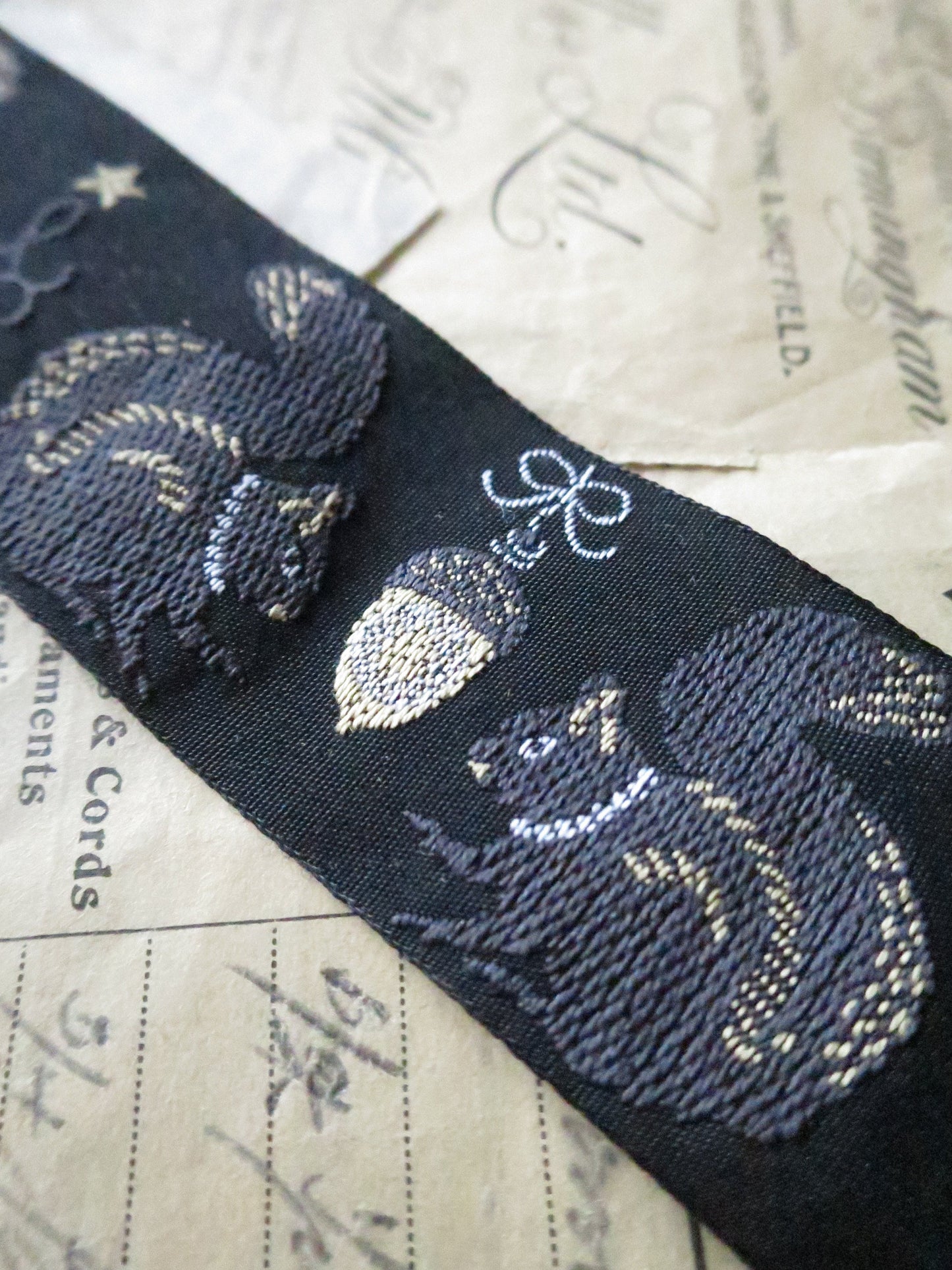 Squirrels & Silver Acorns- 32 mm Jacquard Woven Ribbon- Black