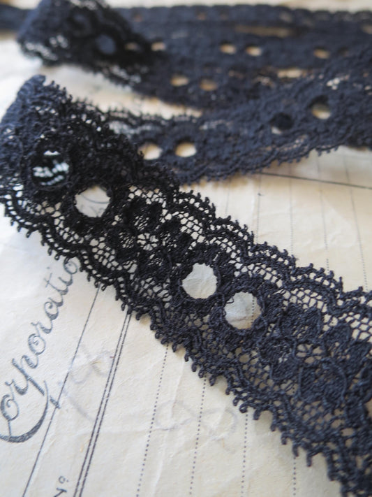 Black English Nottingham Lace- Frothy Double Eyelet- Galloon- 2.7 cm