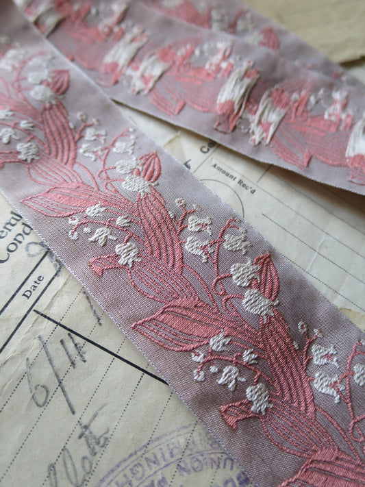 Lily of the Valley 40 mm Jacquard Woven Ribbon- Pink & Taupe