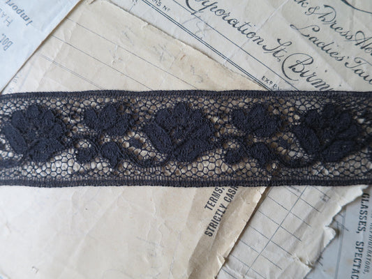 Black English Nottingham Lace- Raised Floral Guipure- Insertion- 3.5 cm