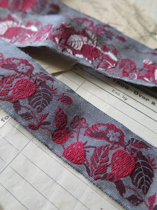 Strawberries 32 mm Jacquard Woven Ribbon- Grey & Red