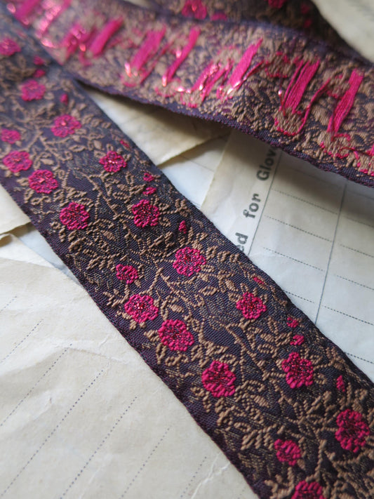 Jacobean Roses 25 mm Jacquard Woven Ribbon- Sparkly Red Roses