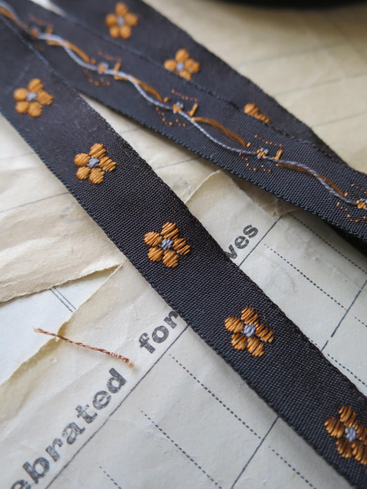 Forget-me-nots 10 mm Jacquard Woven Ribbon- Copper & Blue