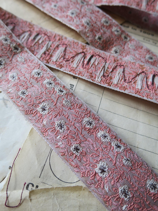 Jacobean Roses 25 mm Jacquard Woven Ribbon- Pink & Taupe