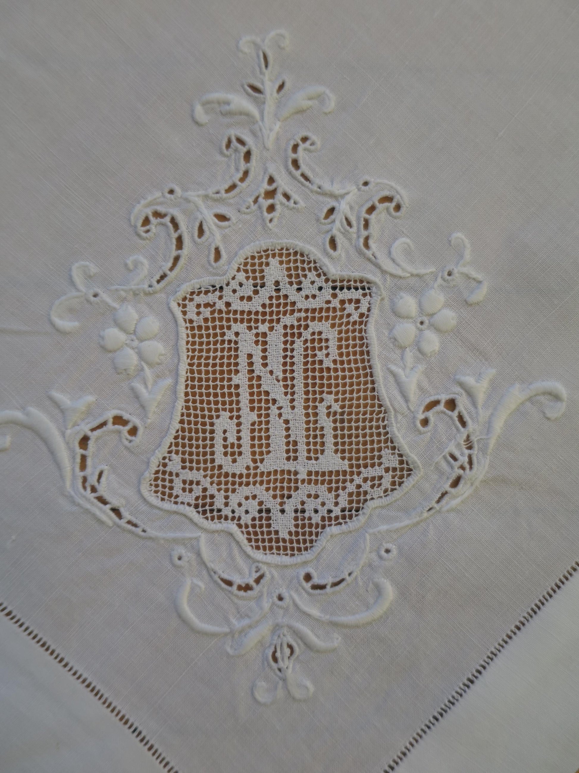 8 Antique Fine Irish Linen Damask Napkins- Hand Embroidery & Filet Lace Monogram NL