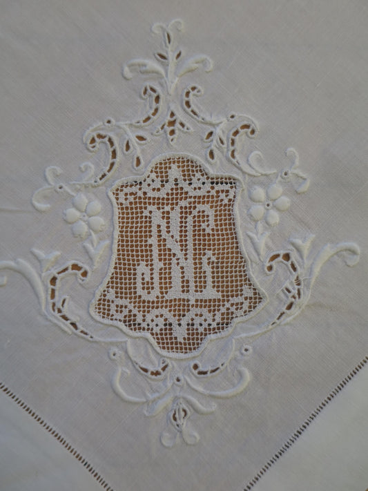 8 Antique Fine Irish Linen Damask Napkins- Hand Embroidery & Filet Lace Monogram NL