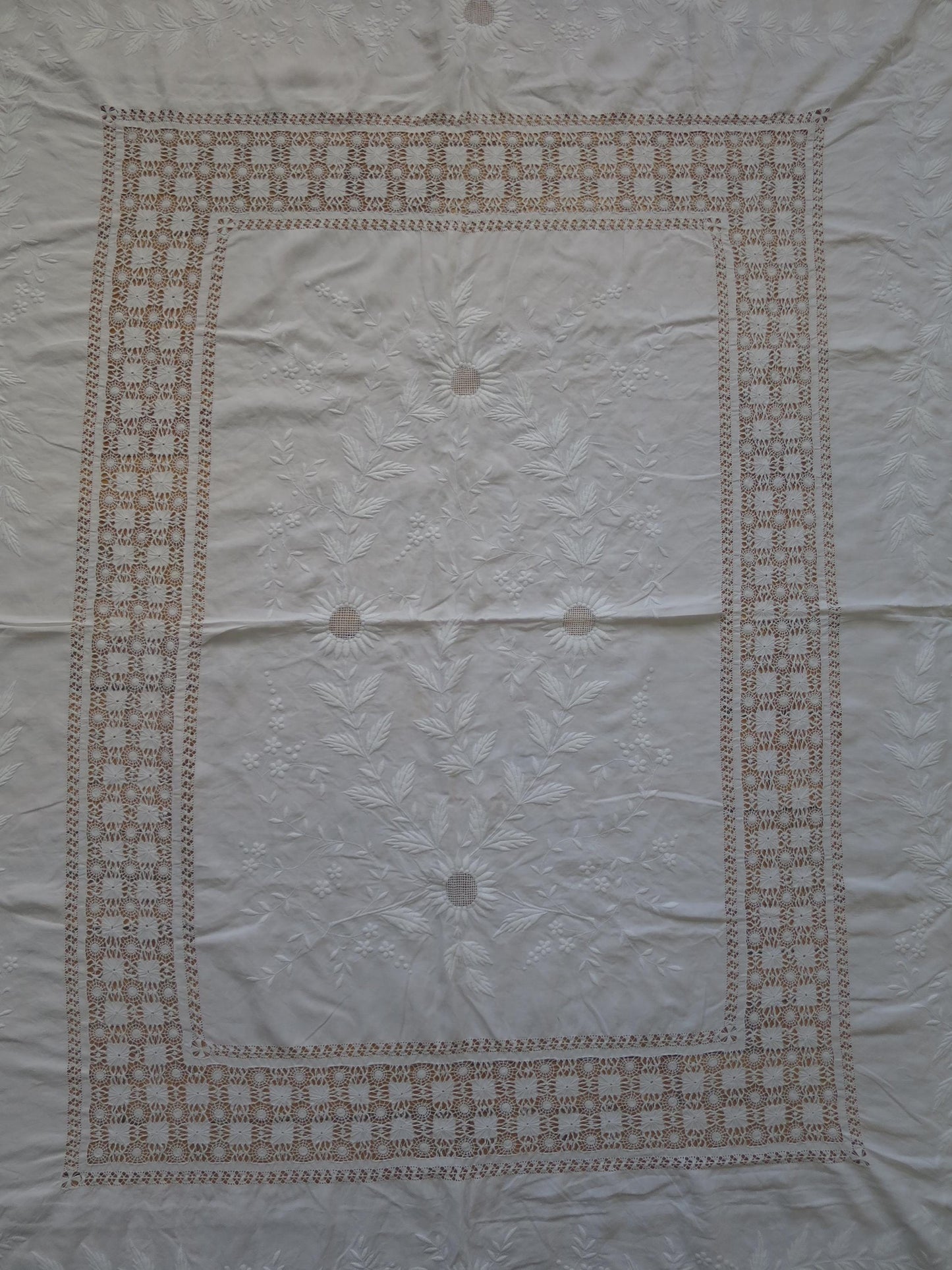 Large Antique Victorian Irish Linen Bedspread- Whitework Embroidery & Drawn Thread Work