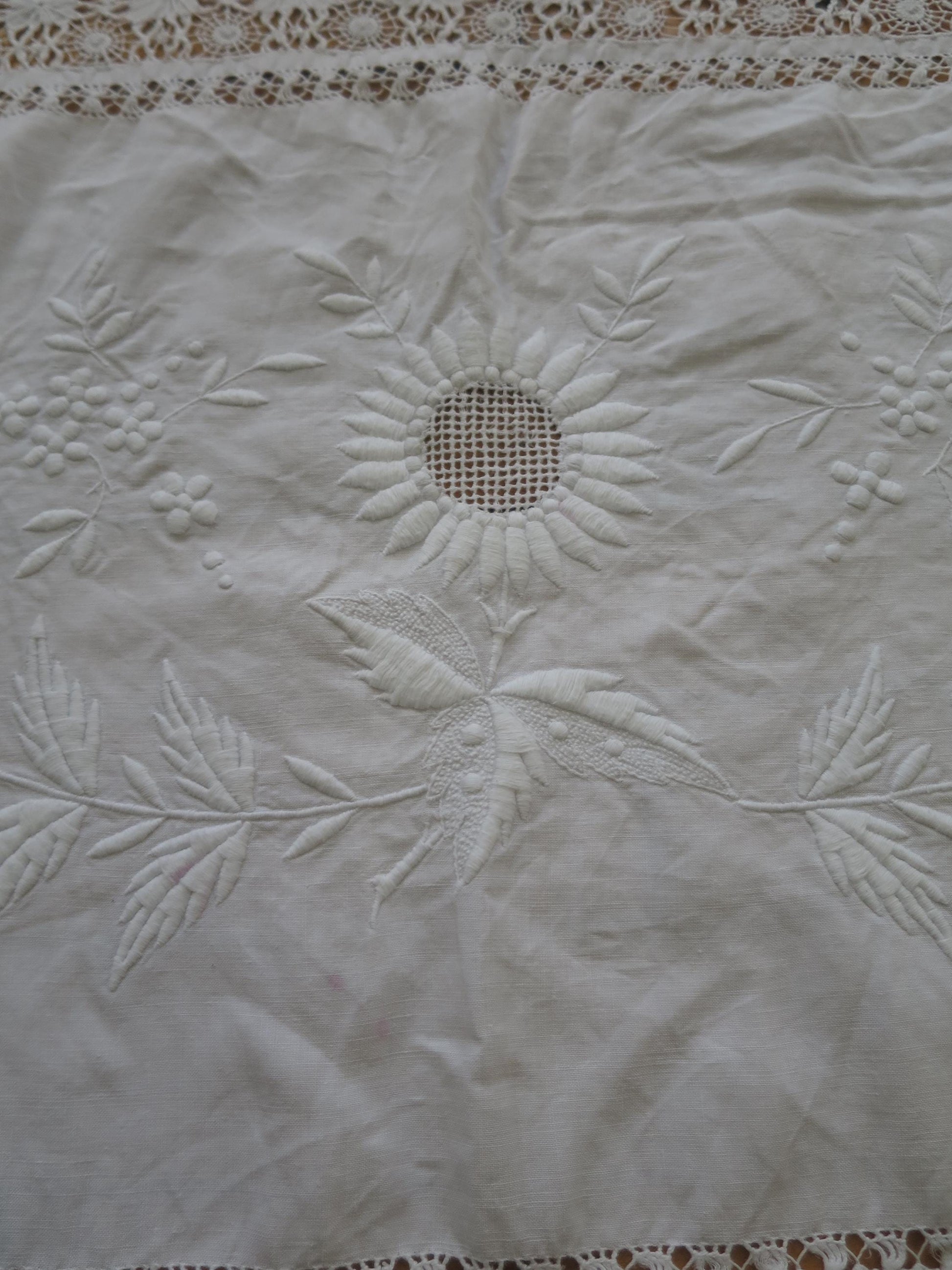 Large Antique Victorian Irish Linen Bedspread- Whitework Embroidery & Drawn Thread Work