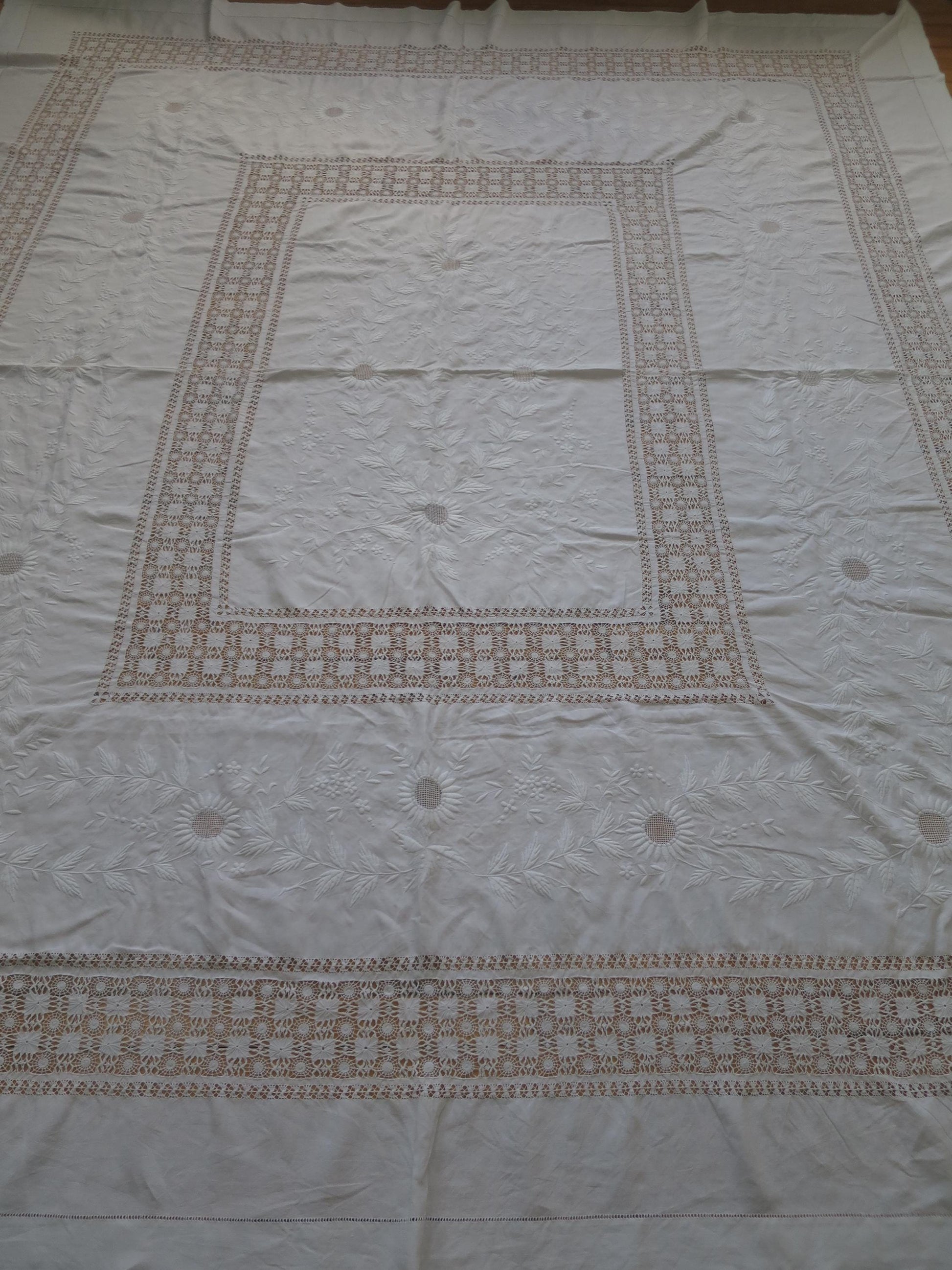 Large Antique Victorian Irish Linen Bedspread- Whitework Embroidery & Drawn Thread Work