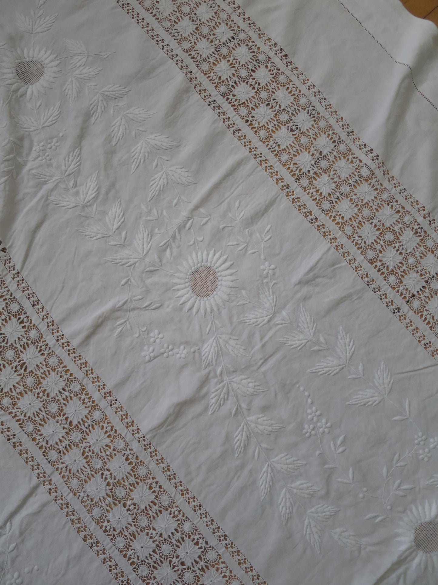 Large Antique Victorian Irish Linen Bedspread- Whitework Embroidery & Drawn Thread Work