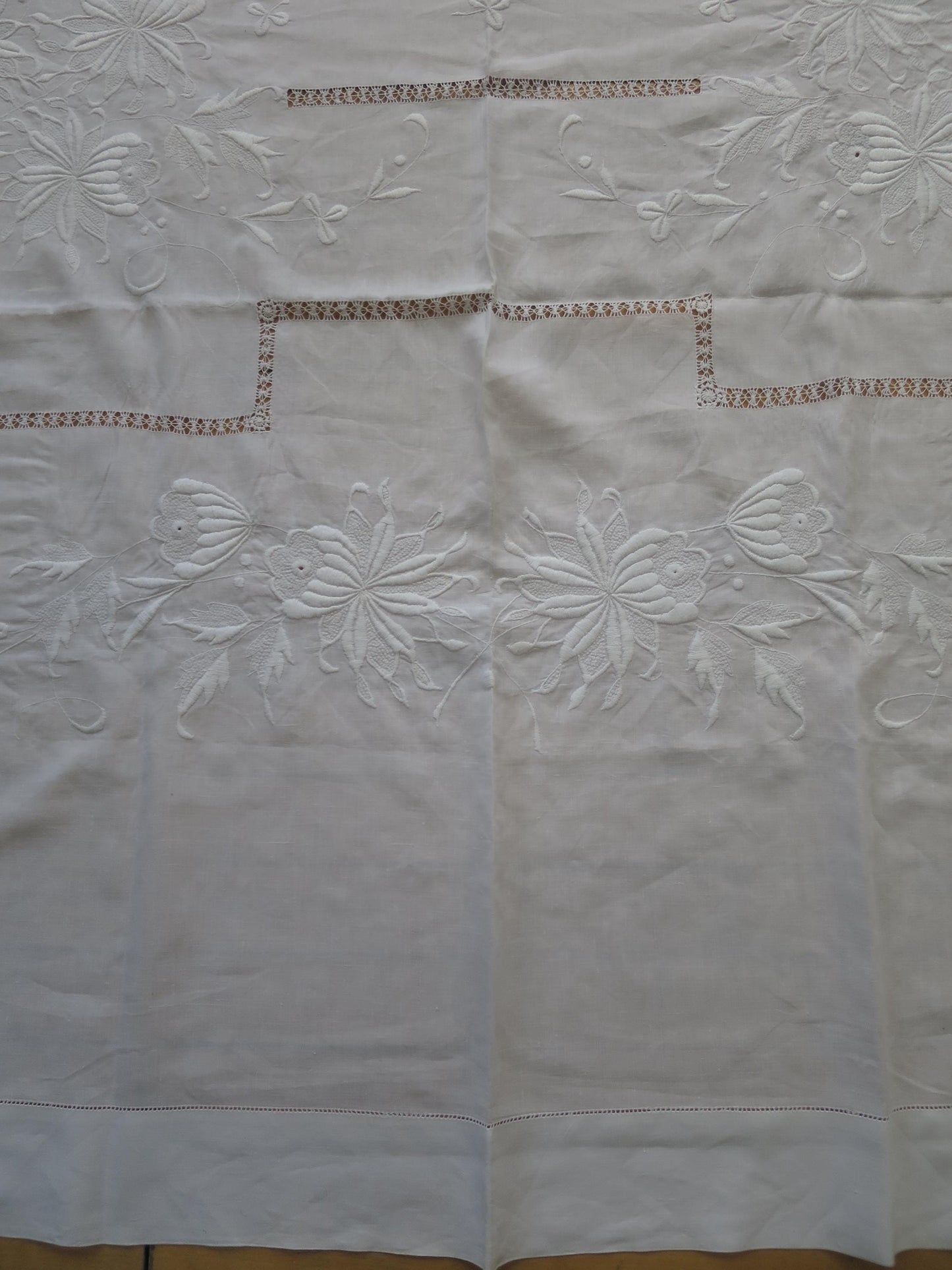 Antique Victorian Irish Linen Bedspread- Whitework Embroidery & Drawn Thread Work