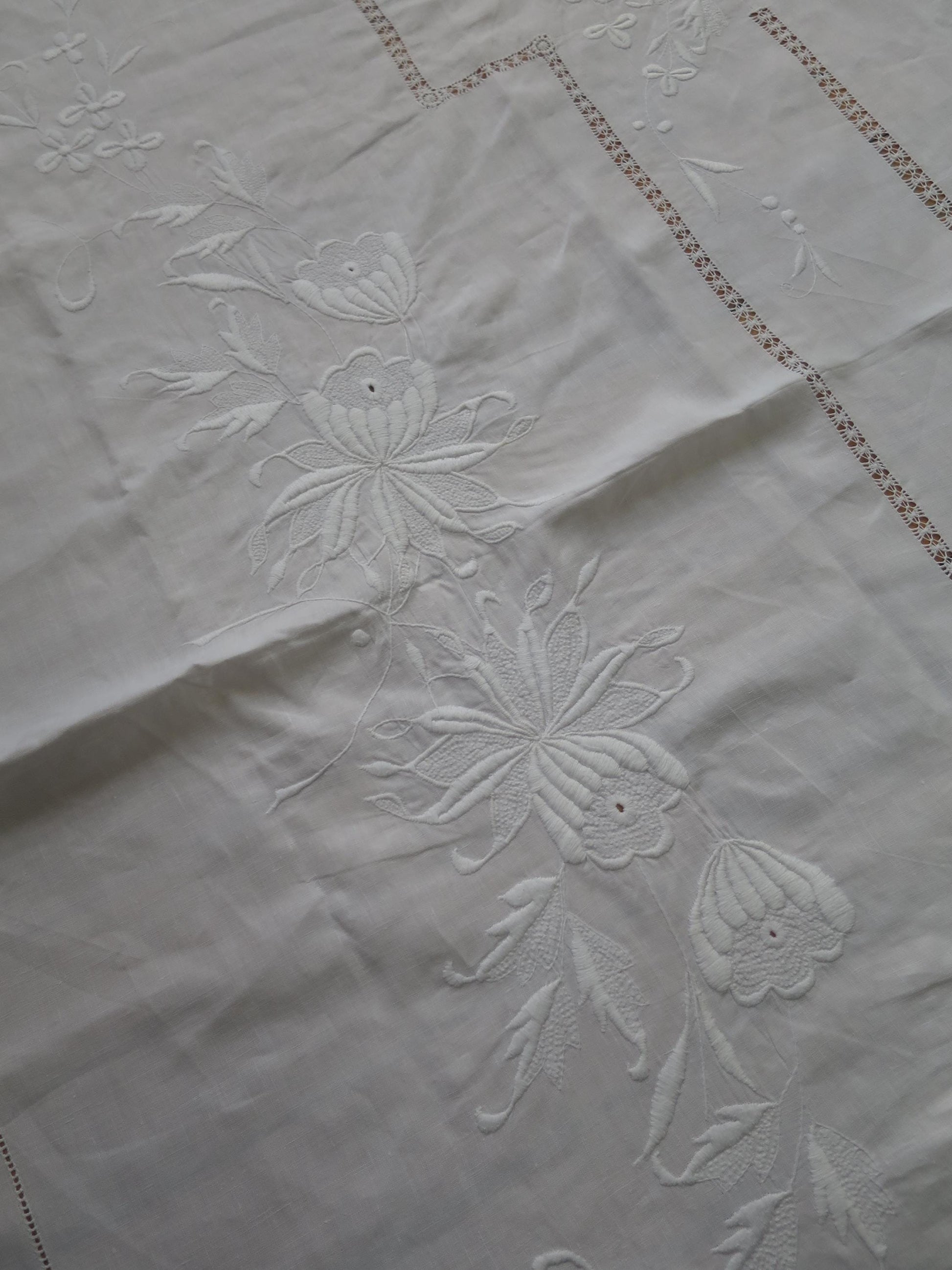 Antique Victorian Irish Linen Bedspread- Whitework Embroidery & Drawn Thread Work