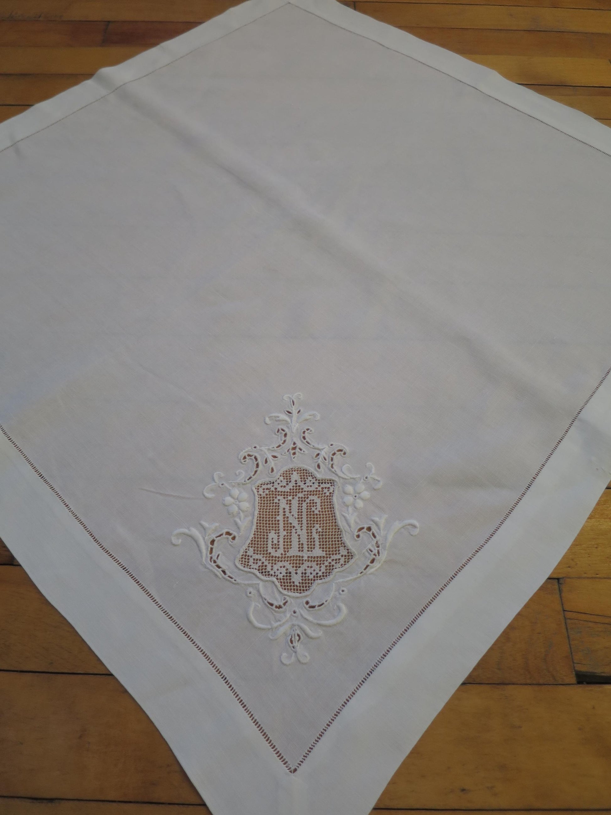 8 Antique Fine Irish Linen Damask Napkins- Hand Embroidery & Filet Lace Monogram NL