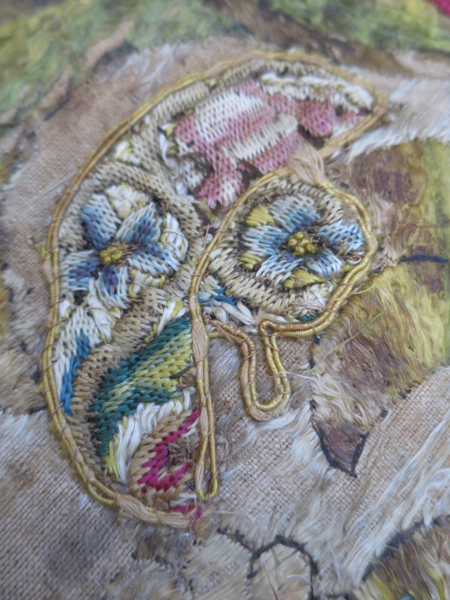 Antique Embroidered Panel Fragment- Silk Couched Panel- Circa 1600