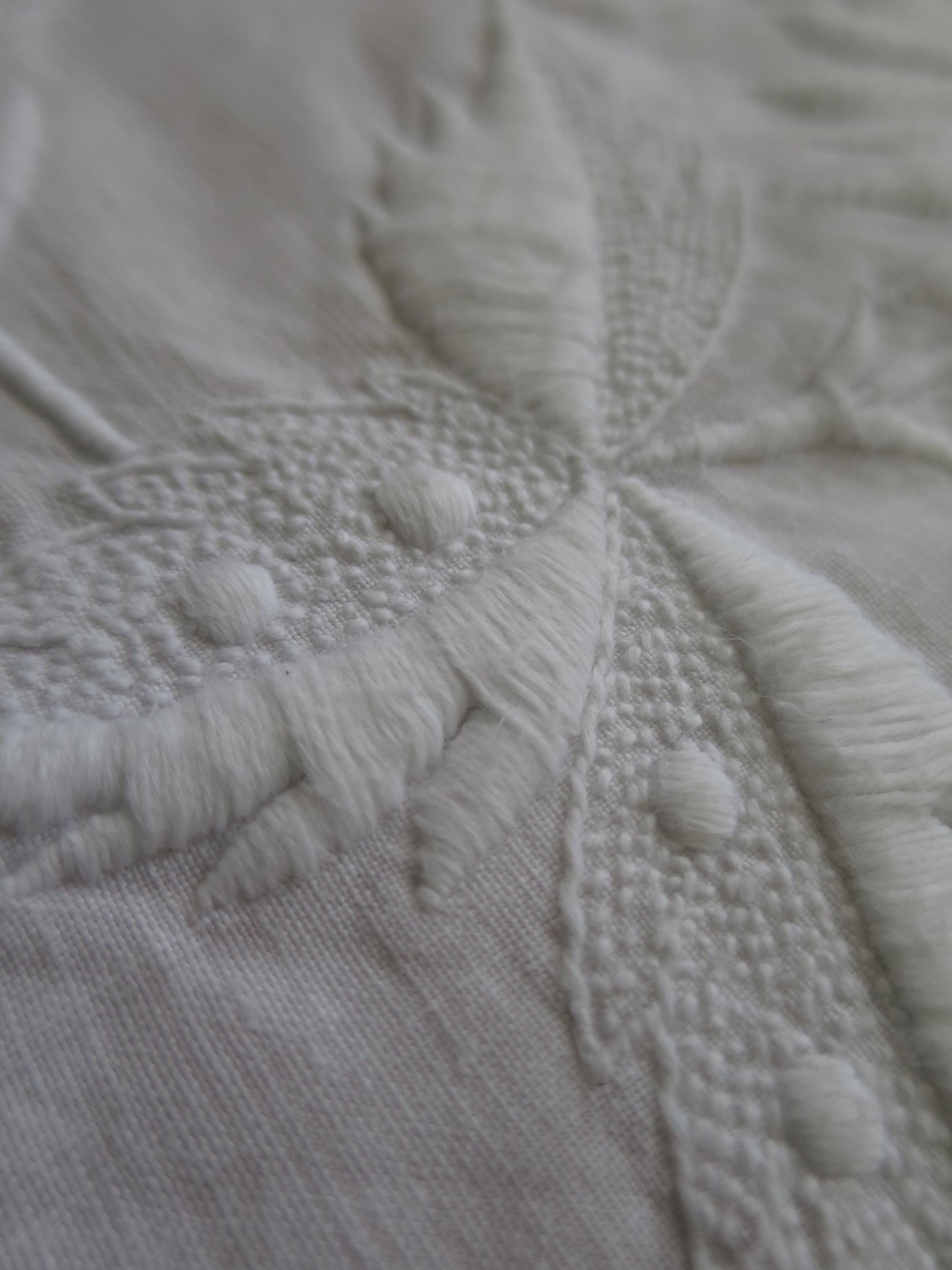 Large Antique Victorian Irish Linen Bedspread- Whitework Embroidery & Drawn Thread Work