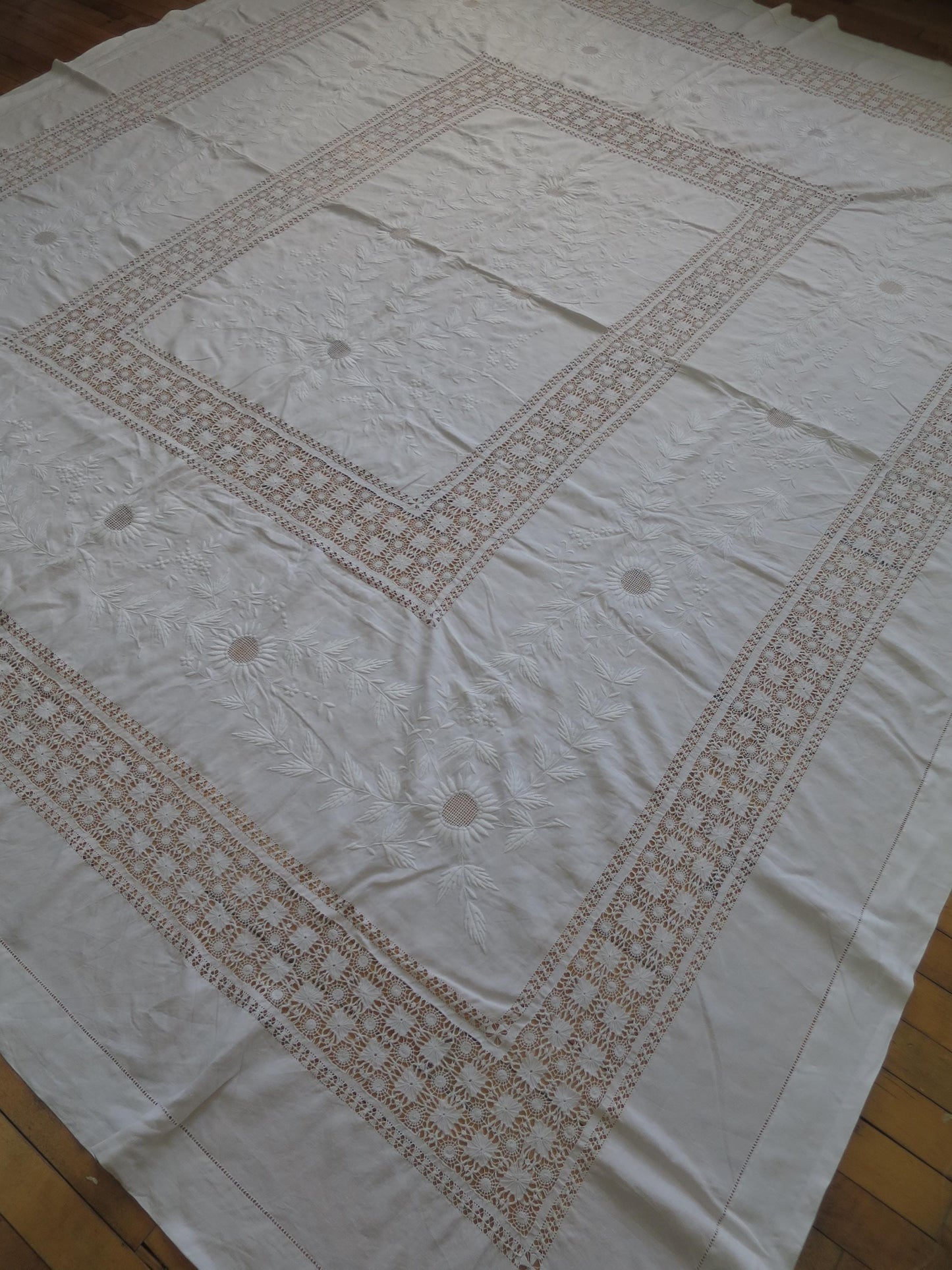 Large Antique Victorian Irish Linen Bedspread- Whitework Embroidery & Drawn Thread Work