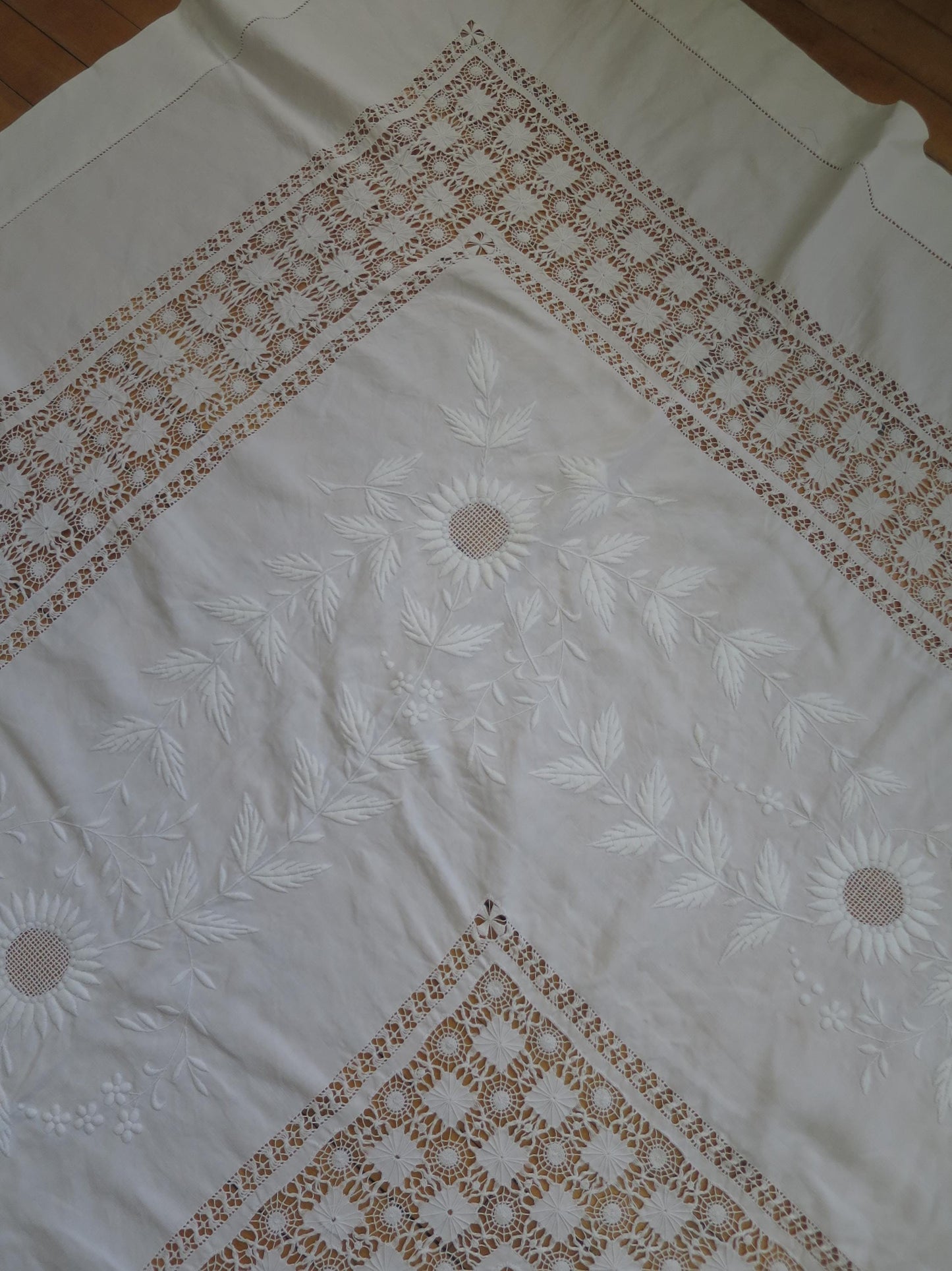 Large Antique Victorian Irish Linen Bedspread- Whitework Embroidery & Drawn Thread Work