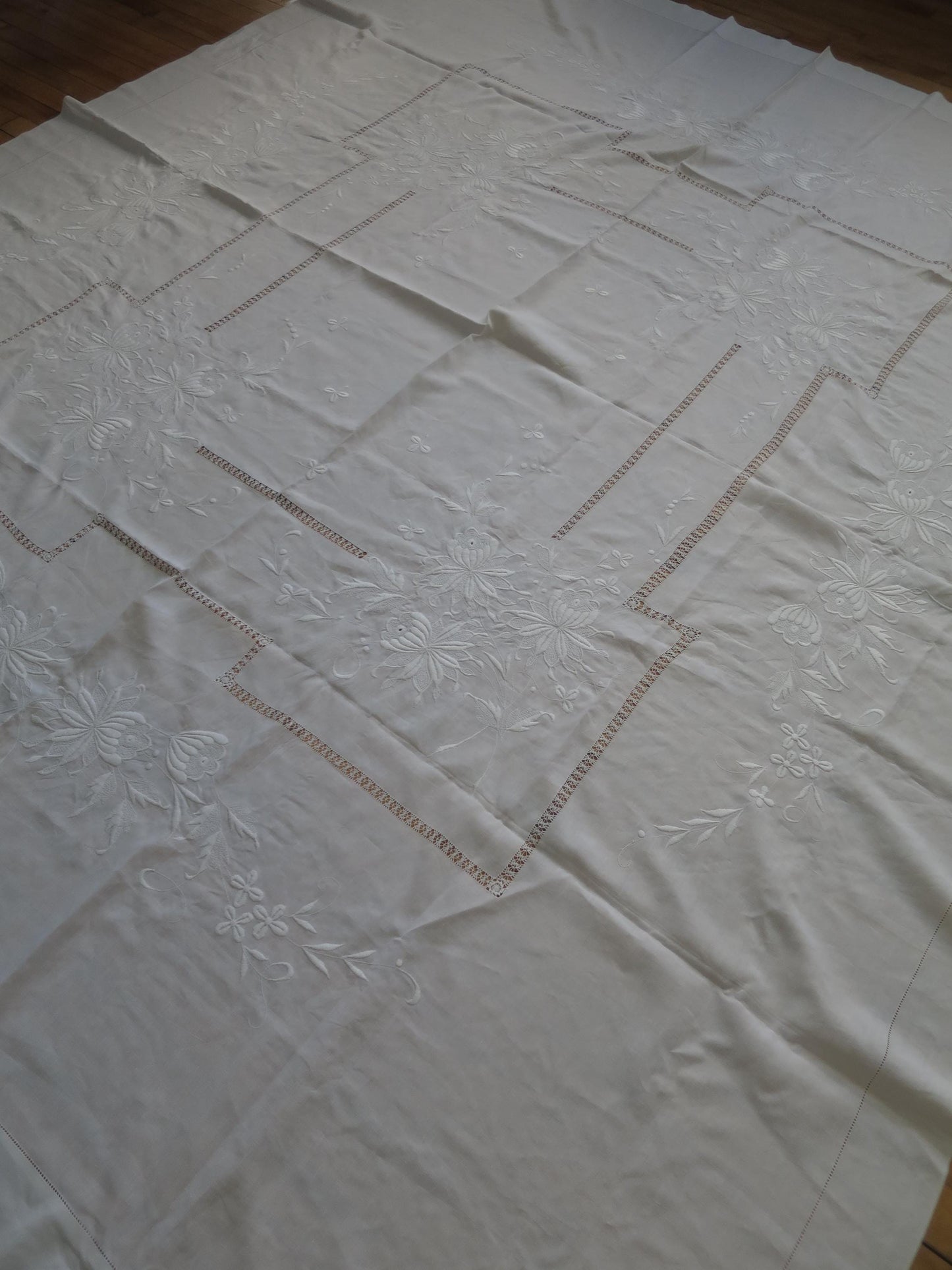 Antique Victorian Irish Linen Bedspread- Whitework Embroidery & Drawn Thread Work