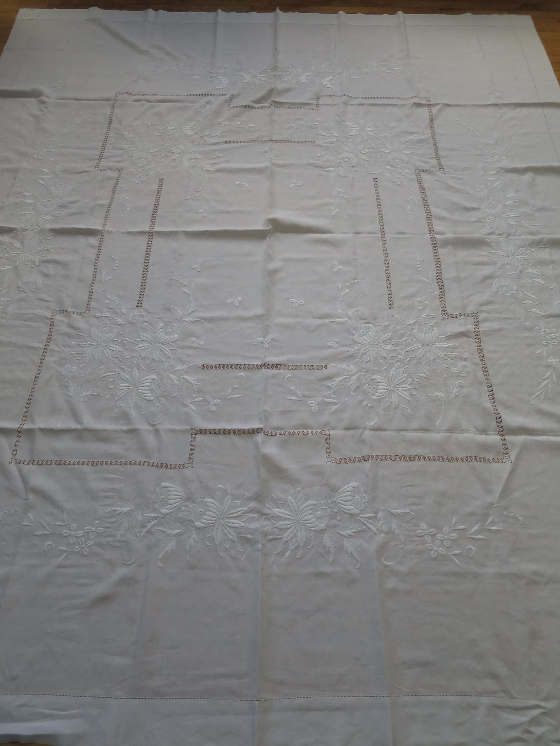 Antique Victorian Irish Linen Bedspread- Whitework Embroidery & Drawn Thread Work