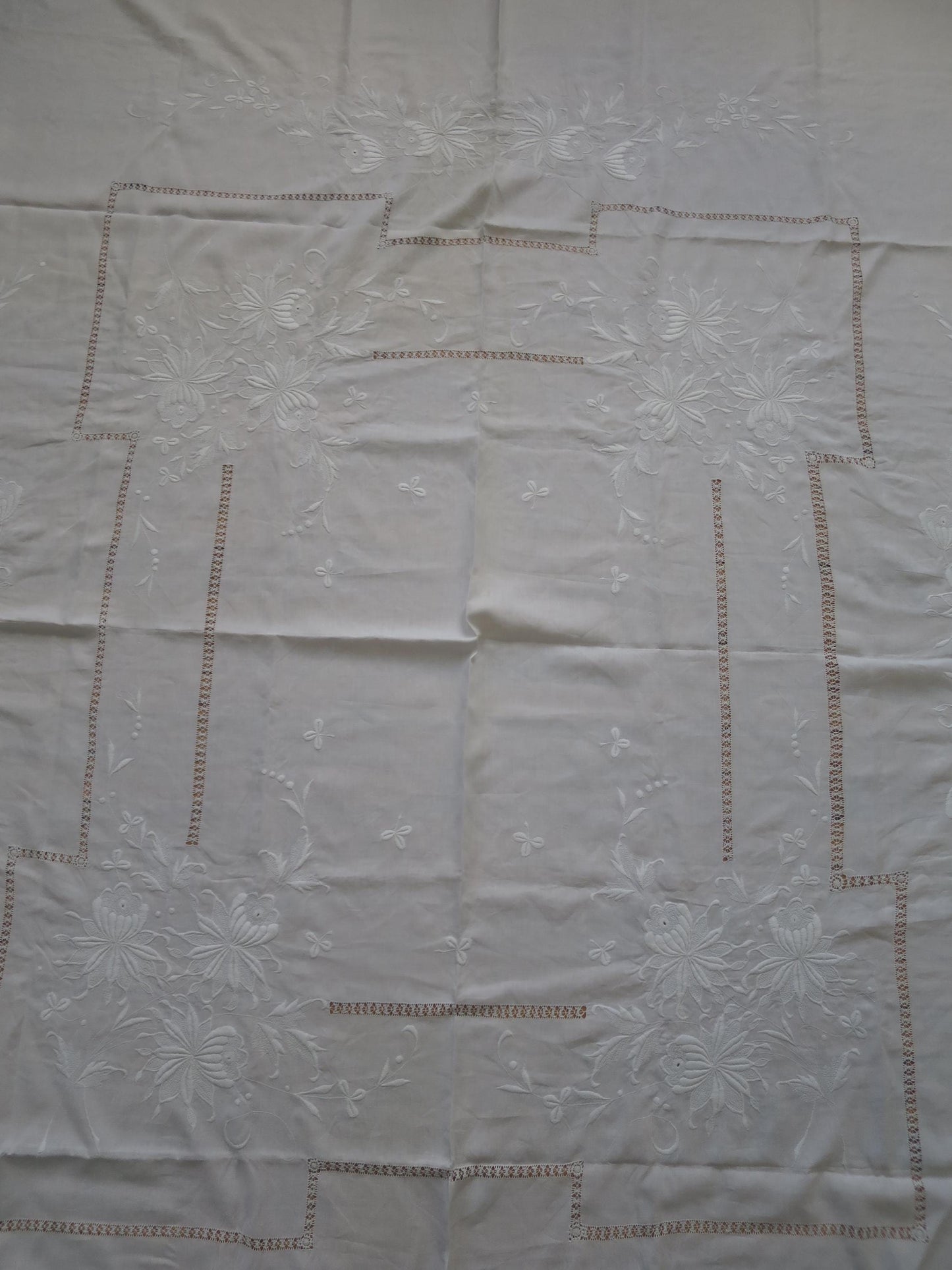 Antique Victorian Irish Linen Bedspread- Whitework Embroidery & Drawn Thread Work